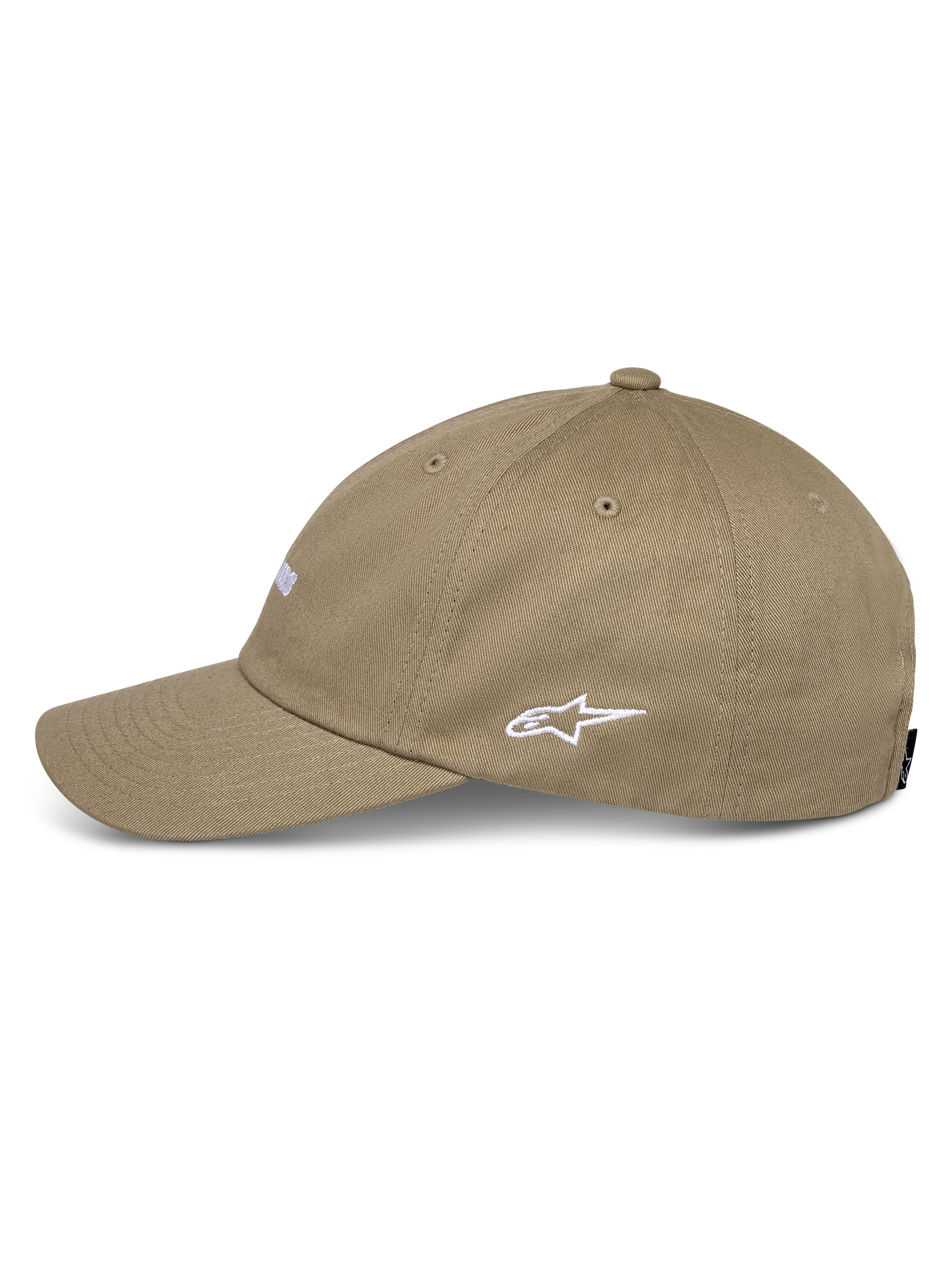 Chapéu Alpinestars Deduce Strapback, cáqui, vista de perfil lateral com logótipo Astars bordado a branco, pala curva, construção em sarja de algodão, streetwear casual de desportos motorizados