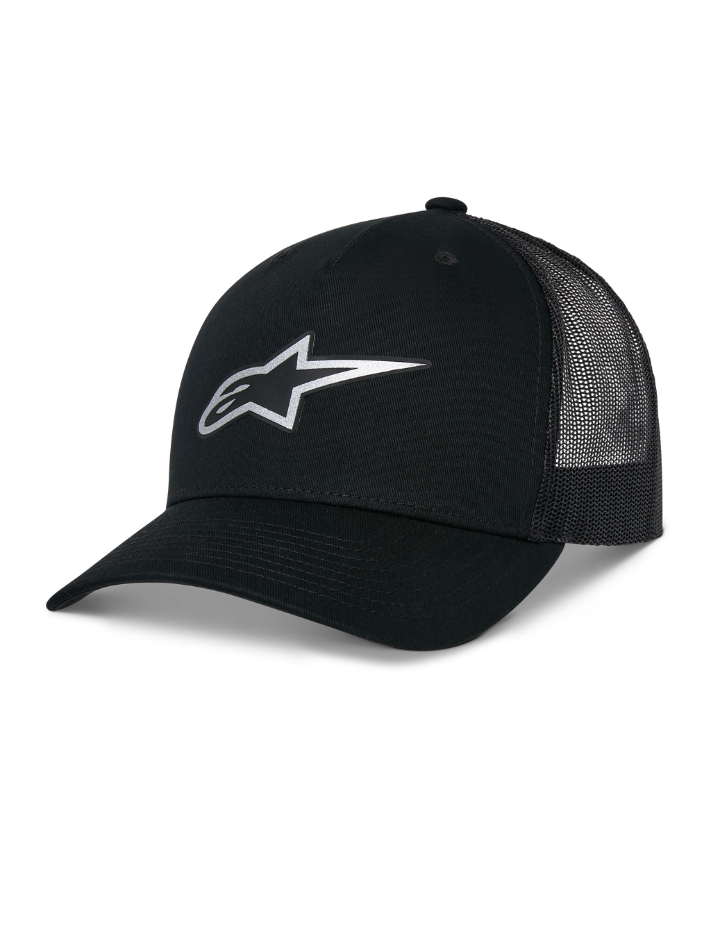 Alpinestars Reflect Ageless Trucker Hat, Black, featuring a reflective silver Astars logo on the front, curved brim and mesh back panels, structured crown, casual motorsport headwear