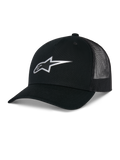 Alpinestars Reflect Ageless Trucker Hat, Black, featuring a reflective silver Astars logo on the front, curved brim and mesh back panels, structured crown, casual motorsport headwear