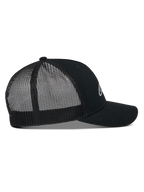 Alpinestars Reflect Ageless Trucker Hat, side profile view, Black, featuring a structured crown, curved bill, and breathable mesh back panels, reflective front logo, casual motorsport-inspired headwear