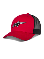 Alpinestars Reflect Ageless Trucker Hat, boné de basebol vermelho e preto, pala curva com logótipo Astars refletivo, painéis traseiros em rede preta, design estruturado