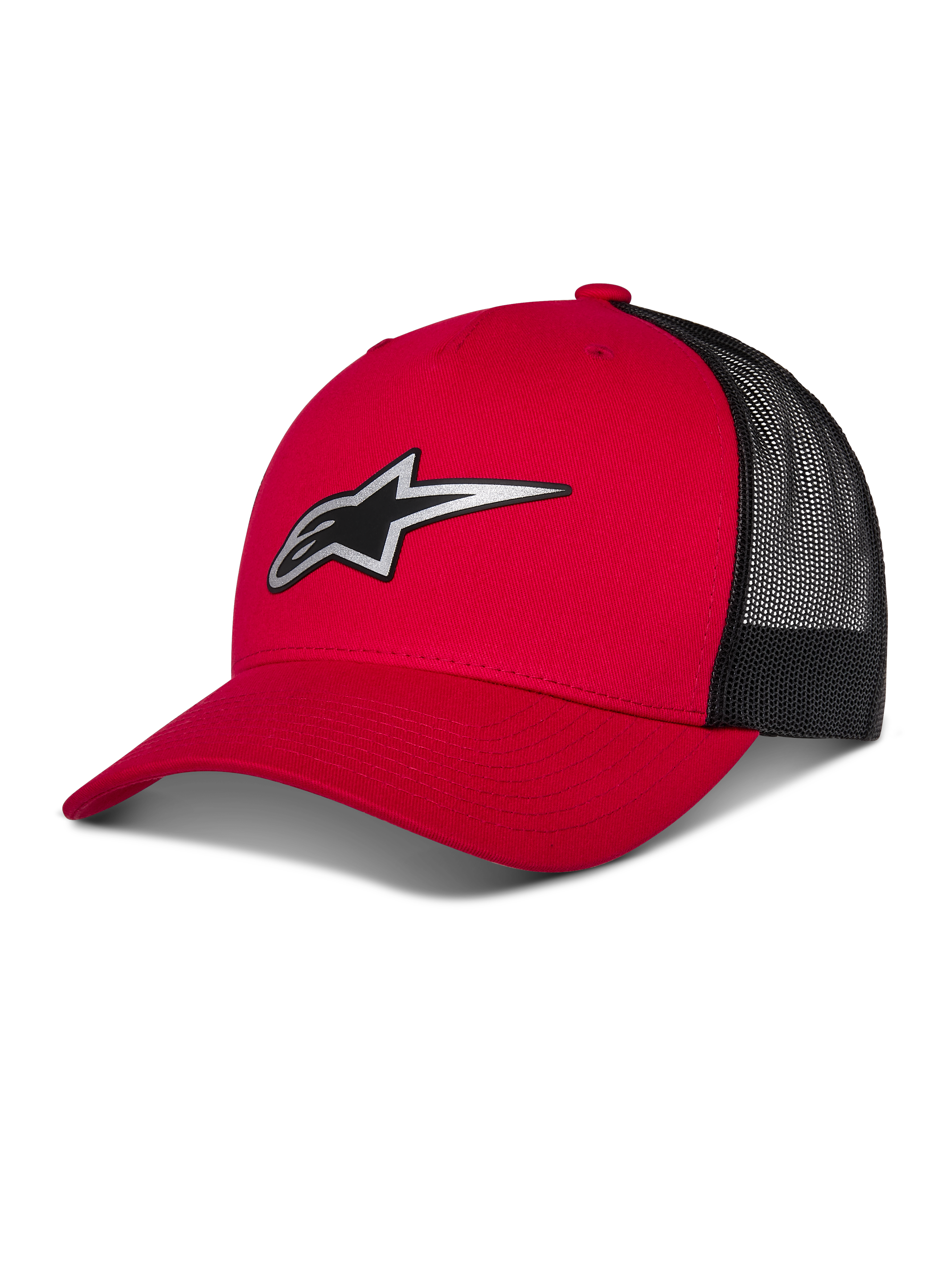 Alpinestars Reflect Ageless Trucker Hat, boné de basebol vermelho e preto, pala curva com logótipo Astars refletivo, painéis traseiros em rede preta, design estruturado