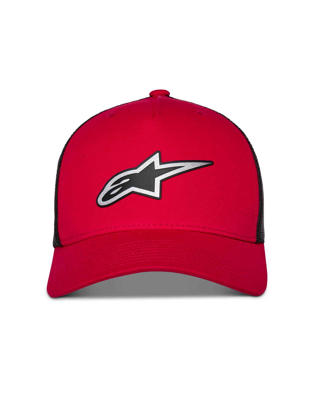 Alpinestars Boné Trucker Reflect Ageless, vermelho e preto, com um grande logótipo Astars refletivo prateado e preto, pala curva com coroa estruturada e painéis traseiros em malha preta, acessório casual de lifestyle de desportos motorizados