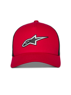 Alpinestars Boné Trucker Reflect Ageless, vermelho e preto, com um grande logótipo Astars refletivo prateado e preto, pala curva com coroa estruturada e painéis traseiros em malha preta, acessório casual de lifestyle de desportos motorizados