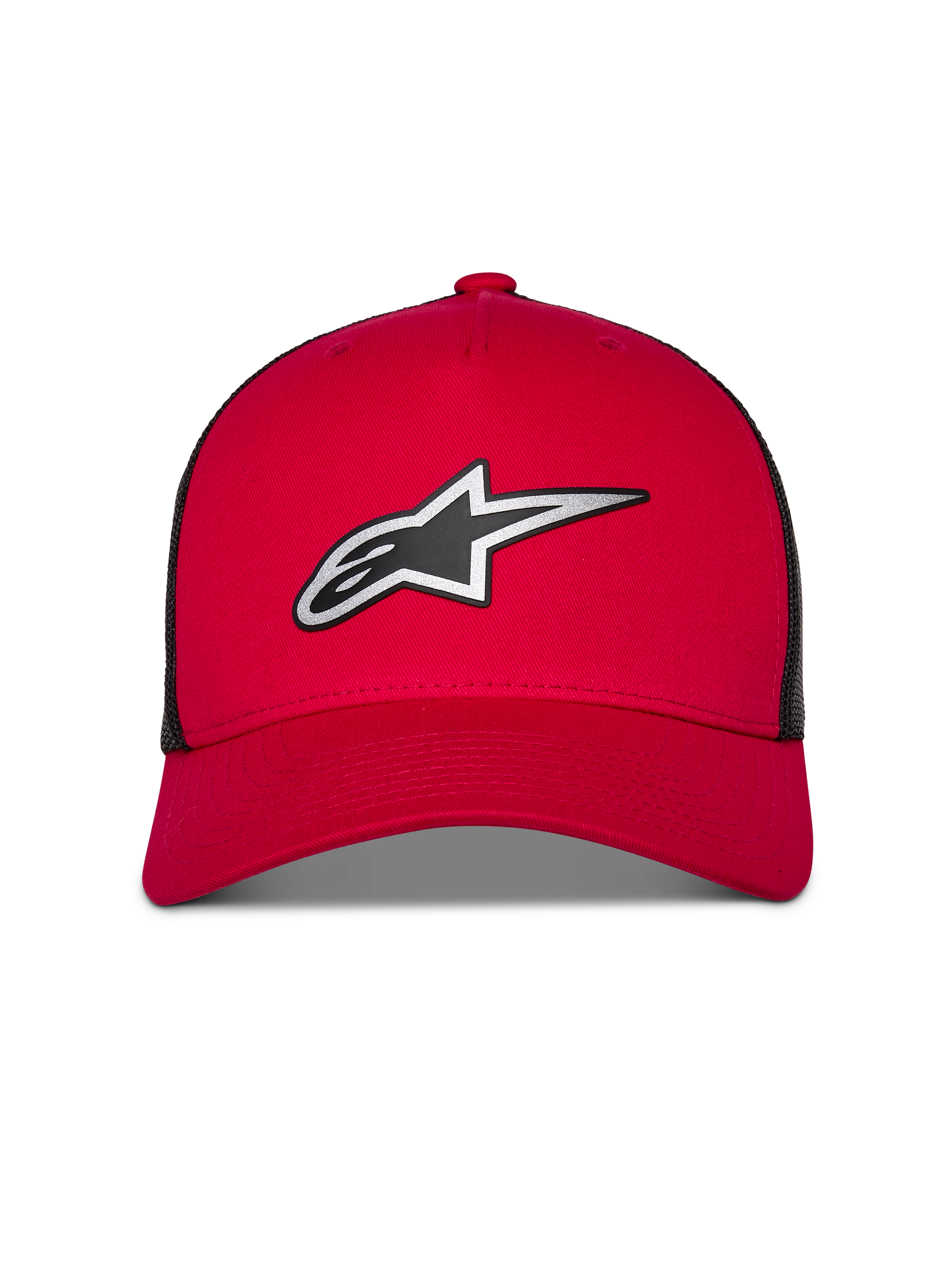 Alpinestars Boné Trucker Reflect Ageless, vermelho e preto, com um grande logótipo Astars refletivo prateado e preto, pala curva com coroa estruturada e painéis traseiros em malha preta, acessório casual de lifestyle de desportos motorizados