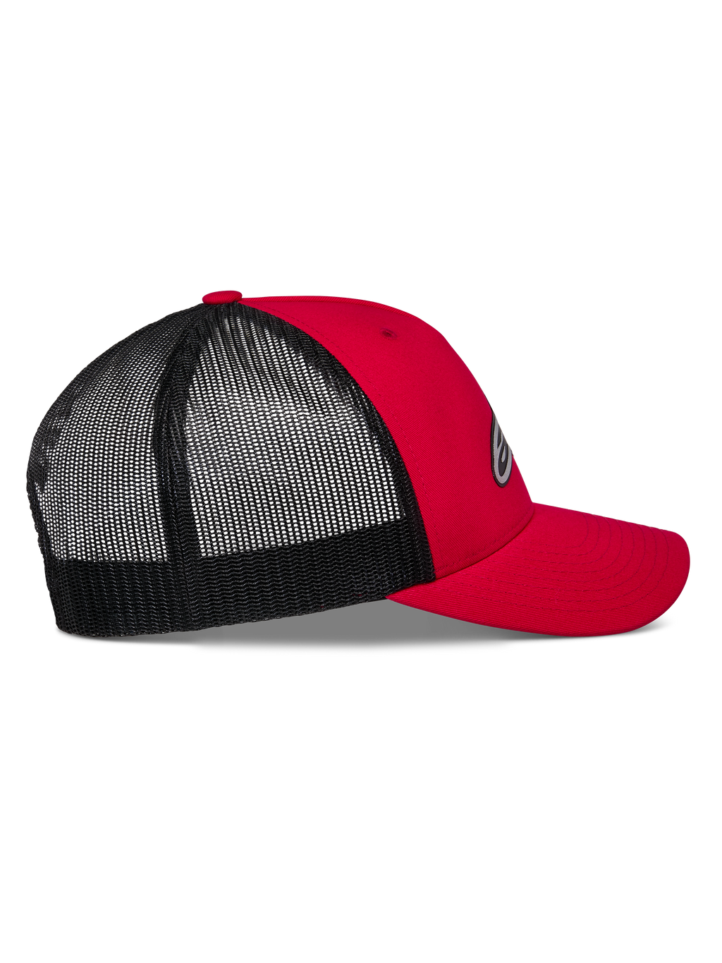 Boné Trucker Alpinestars Reflect Ageless, vermelho e preto, vista de perfil lateral, frente em sarja vermelha e pala curva, parte traseira em malha de poliéster preta, coroa estruturada, acessório casual inspirado no desporto motorizado