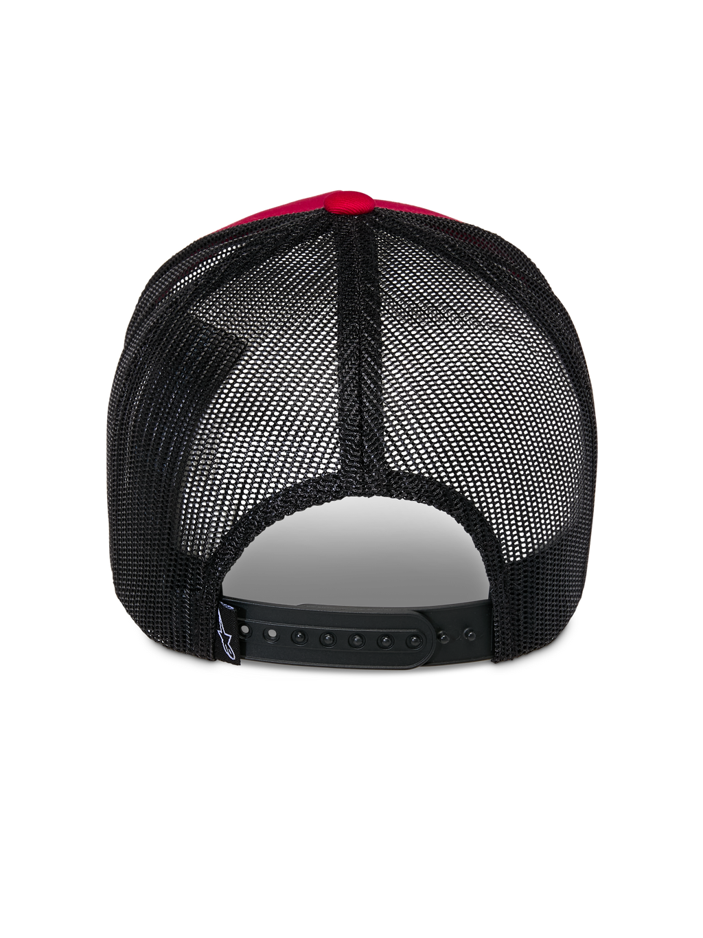 Boné Trucker Alpinestars Reflect Ageless, vista traseira, vermelho e preto, com painéis em malha de poliéster preta e fecho snapback ajustável, acessório de cabeça casual inspirado no desporto motorizado