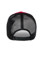Boné Trucker Alpinestars Reflect Ageless, vista traseira, vermelho e preto, com painéis em malha de poliéster preta e fecho snapback ajustável, acessório de cabeça casual inspirado no desporto motorizado