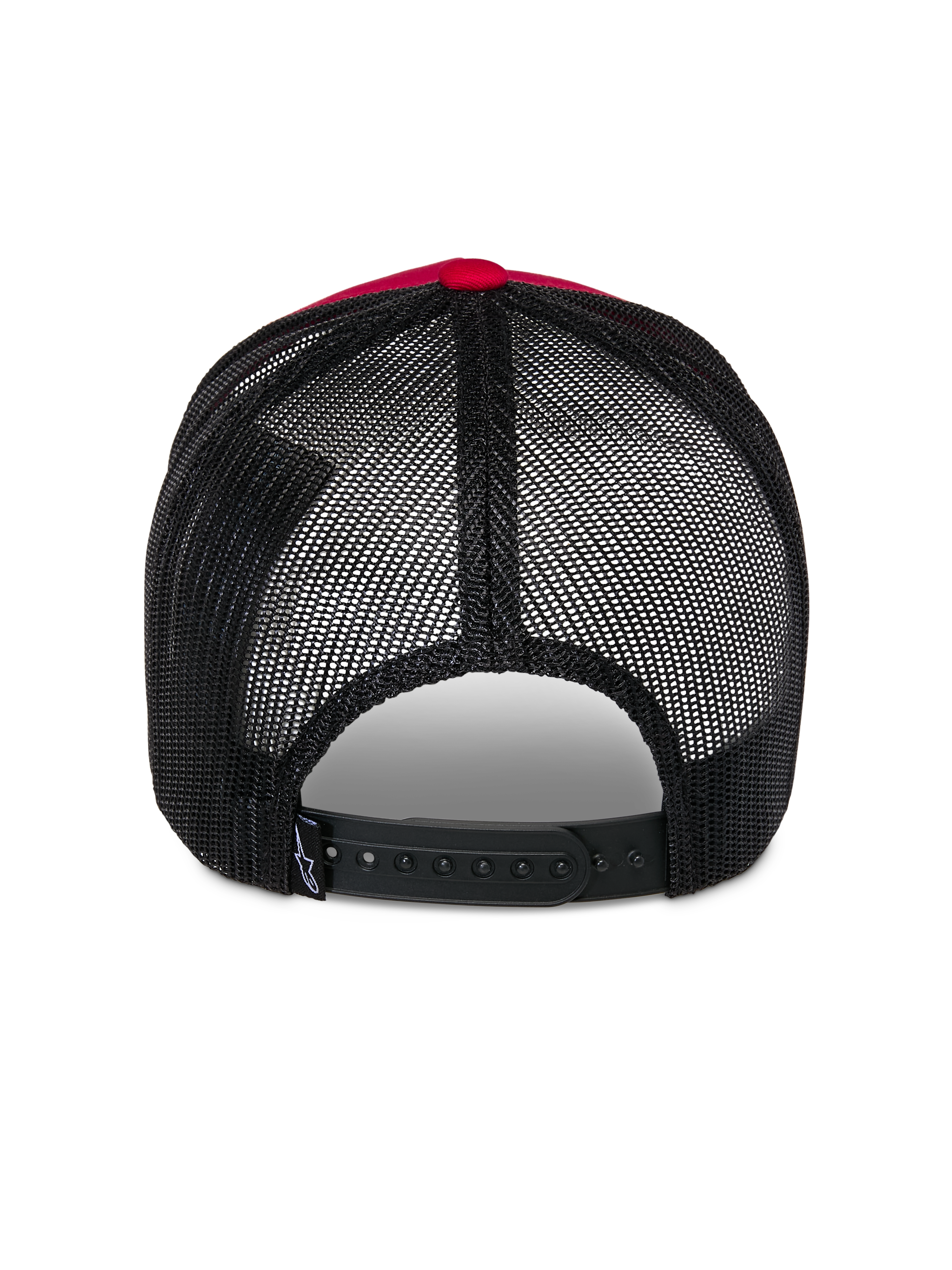 Boné Trucker Alpinestars Reflect Ageless, vista traseira, vermelho e preto, com painéis em malha de poliéster preta e fecho snapback ajustável, acessório de cabeça casual inspirado no desporto motorizado