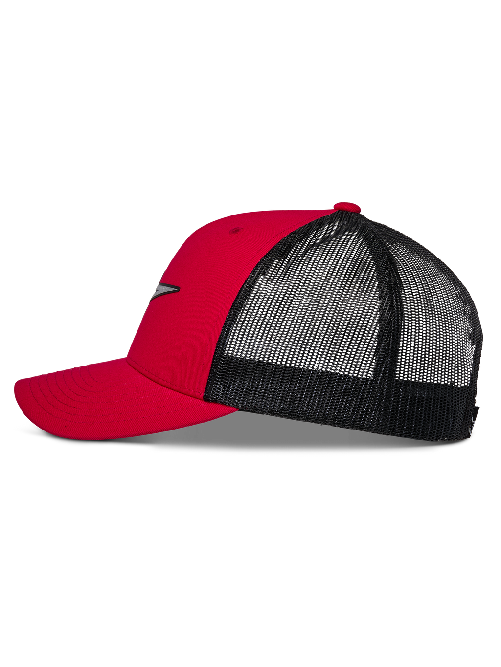 Boné Trucker Alpinestars Reflect Ageless, vermelho e preto, perfil lateral mostrando a aba curva, coroa vermelha estruturada e parte traseira em malha preta, acessório casual inspirado no desporto motorizado