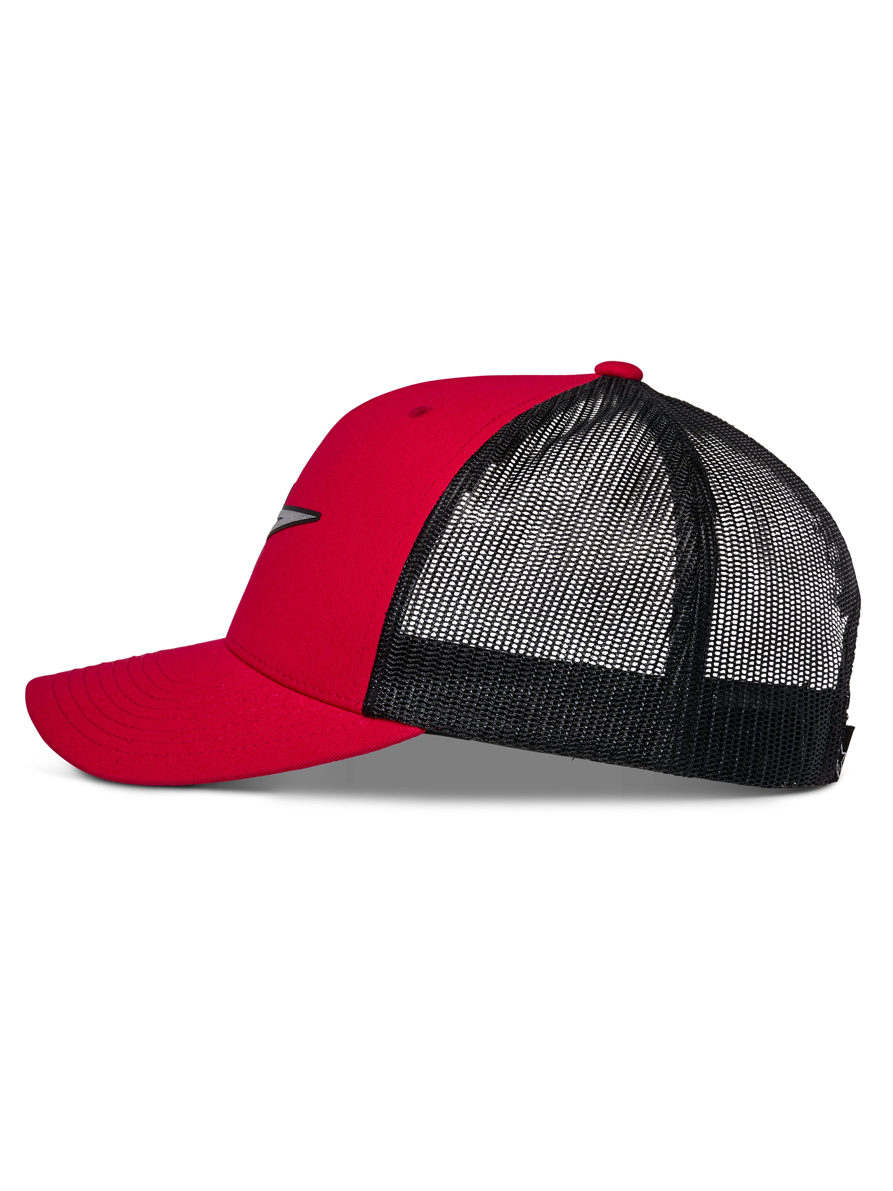 Boné Trucker Alpinestars Reflect Ageless, vermelho e preto, perfil lateral mostrando a aba curva, coroa vermelha estruturada e parte traseira em malha preta, acessório casual inspirado no desporto motorizado