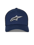 Alpinestars Reflect Ageless Trucker Hat, Navy Blue and Black mesh, front reflective HD Astars logo, curved bill, structured crown, casual motorsport headwear