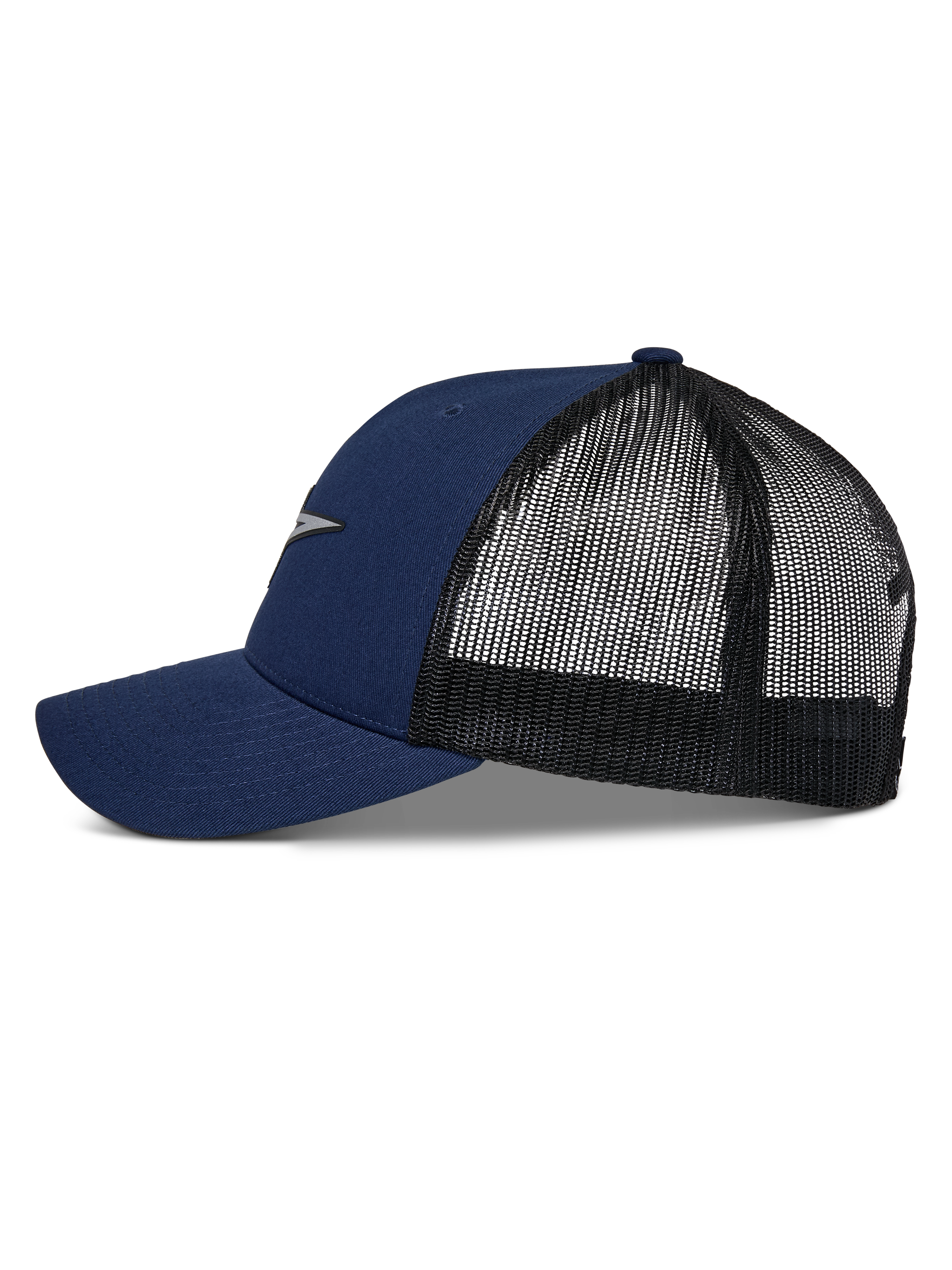Alpinestars Reflect Ageless Trucker Hat, Navy Blue and Black, Side profile showing curved bill and mesh back, reflective Astars logo on front, casual motorsport headwear