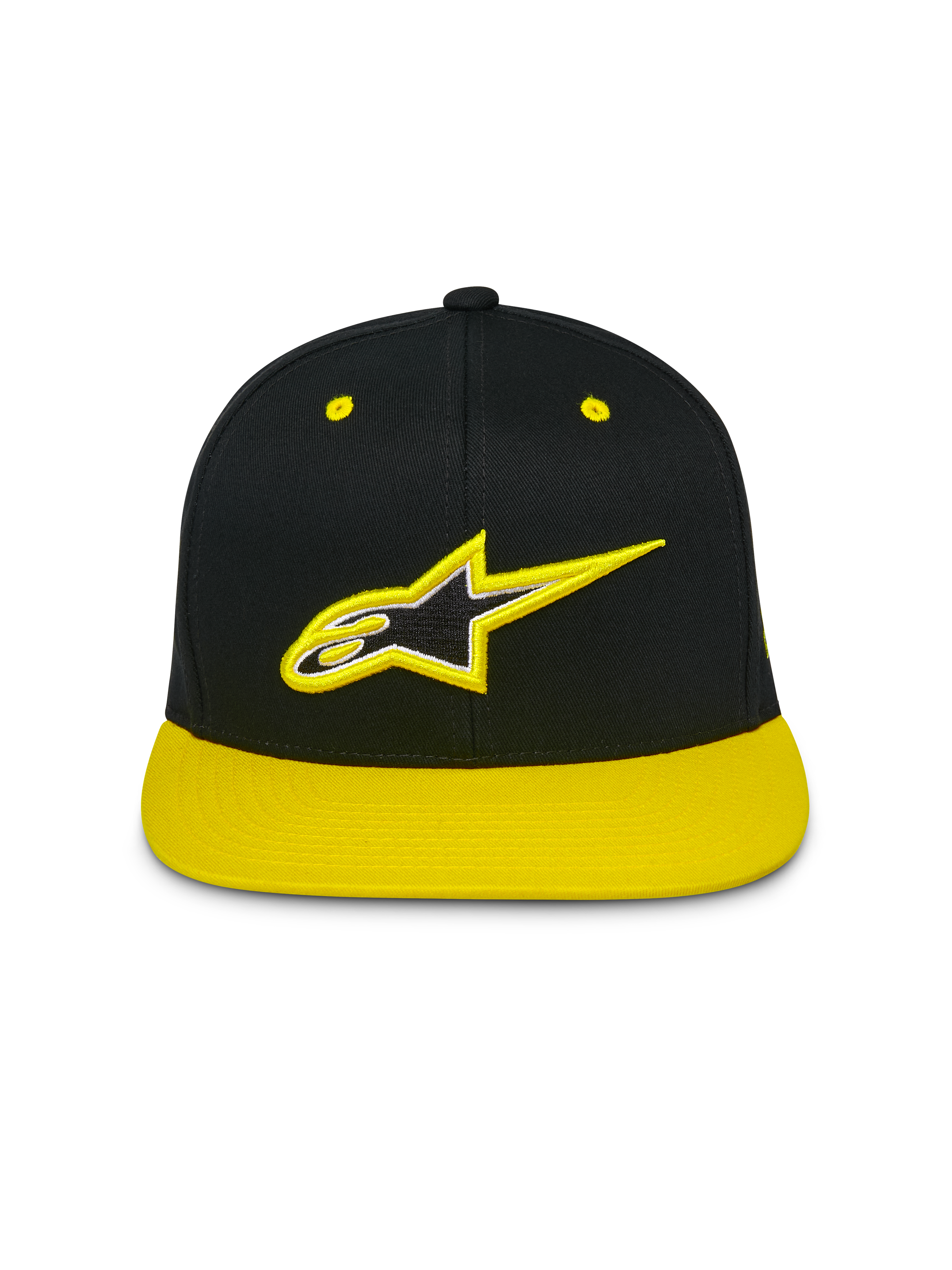 Alpinestars Thickness Snapback Hat, flat bill structured crown cap, Black with high-visibility yellow brim and eyelets, front 3D embroidered Astars logo, casual motorsport streetwear