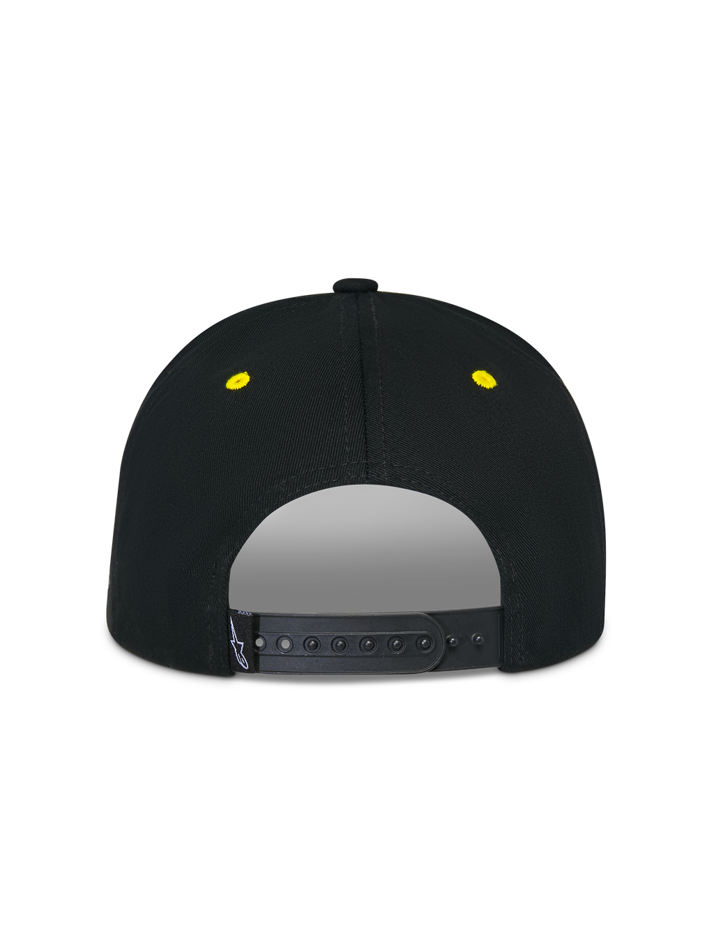 Alpinestars Thickness Snapback Hat, Black and Hi-Vis Yellow, back view featuring adjustable snapback closure, yellow embroidered eyelets, structured crown, casual motorsport headwear