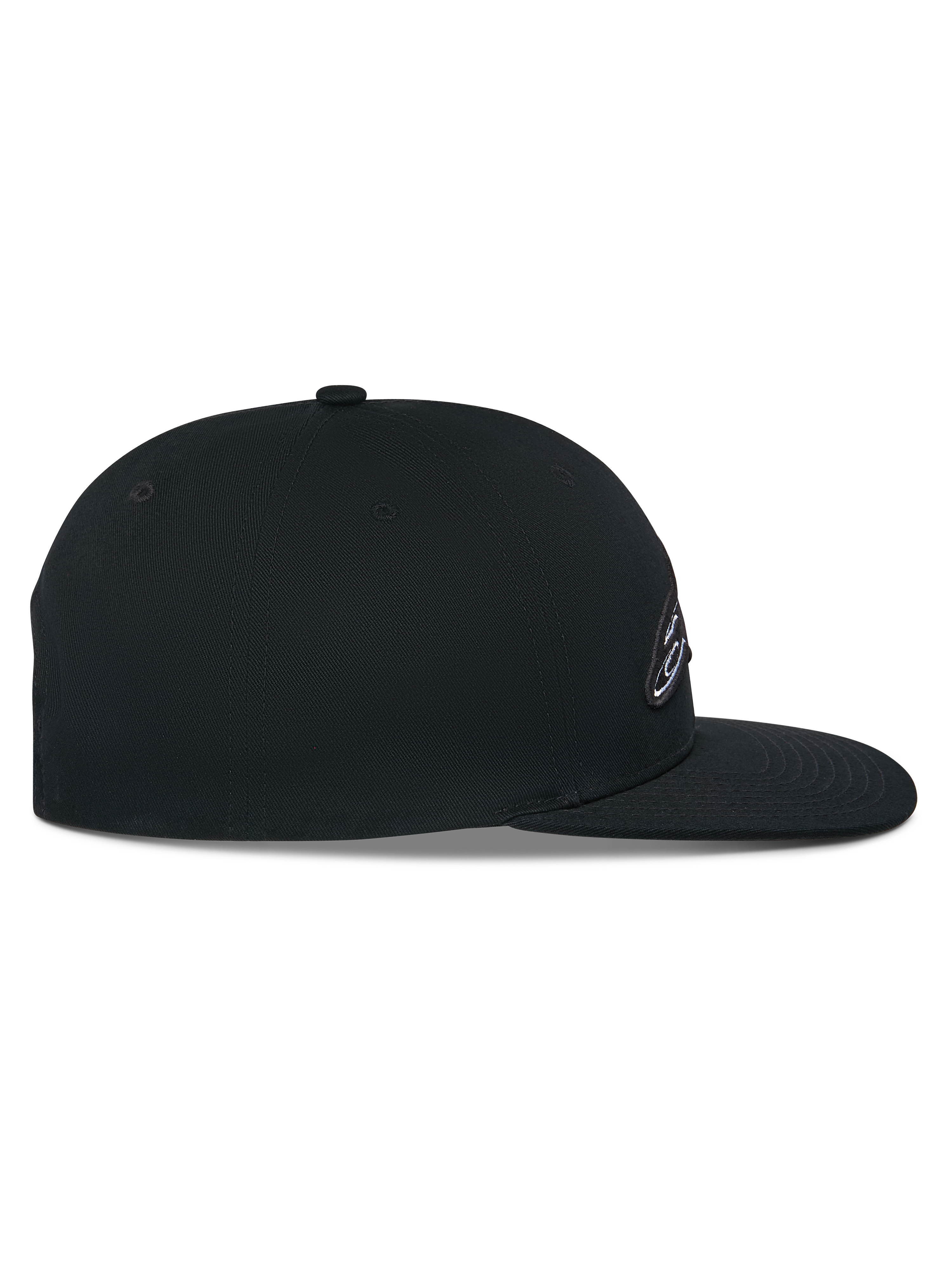 Alpinestars Thickness Snapback Hat, Black, side profile view, structured crown with flat bill, cotton twill main fabric, 3D embroidered logo detail, casual motorsport headwear