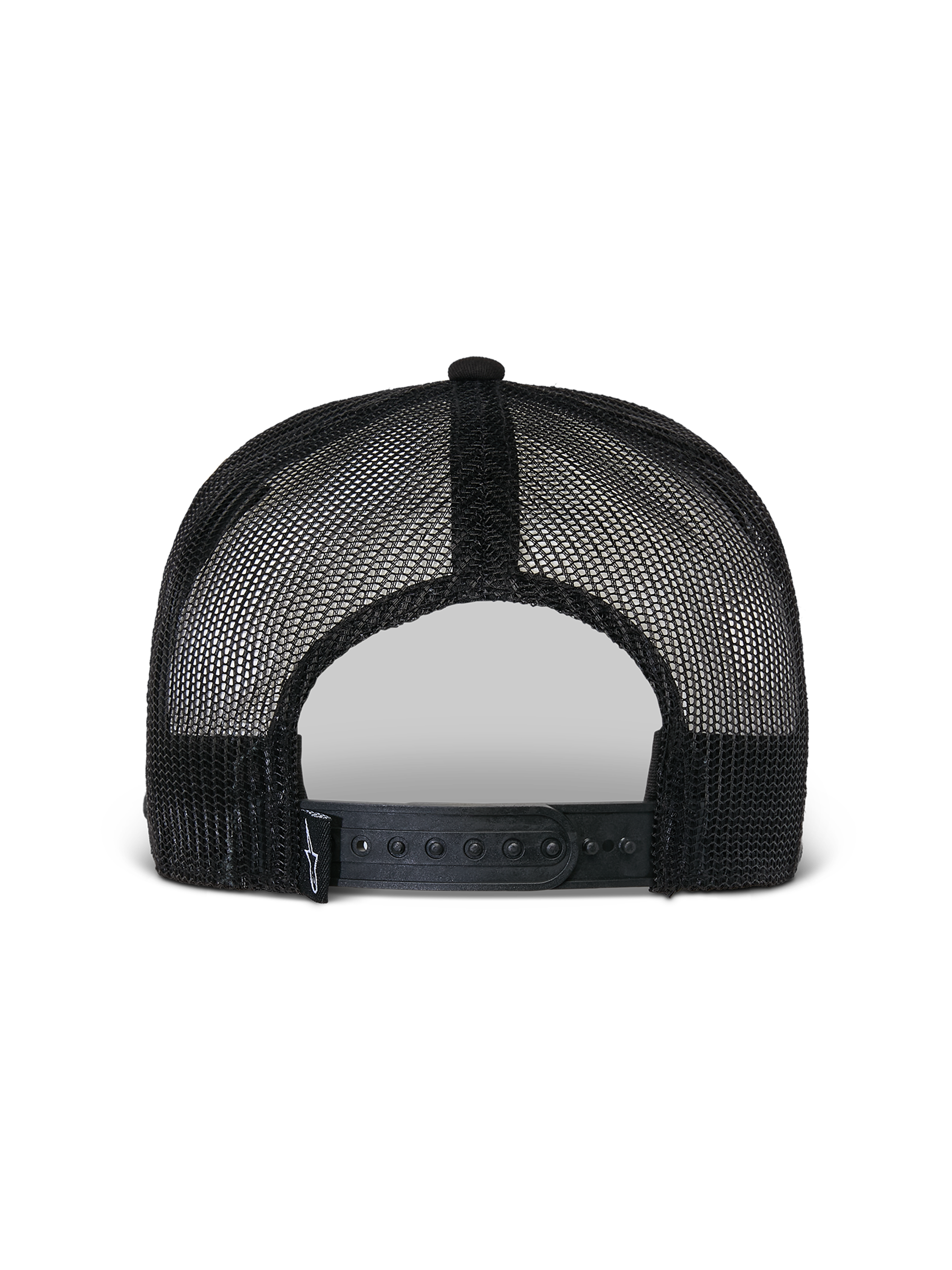Alpinestars Flag Flat Trucker Hat, Black, back view showing breathable poly mesh construction, adjustable snapback closure, and small woven logo detail, casual motorsport headwear