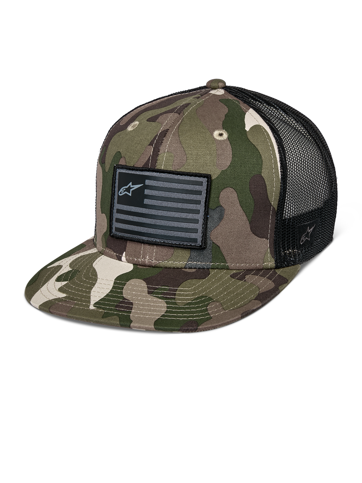 Alpinestars Flag Flat Trucker Hat, green camouflage and black, flat bill trucker cap with breathable mesh back, structured crown featuring a black flag-style logo patch, casual motorsport headwear.