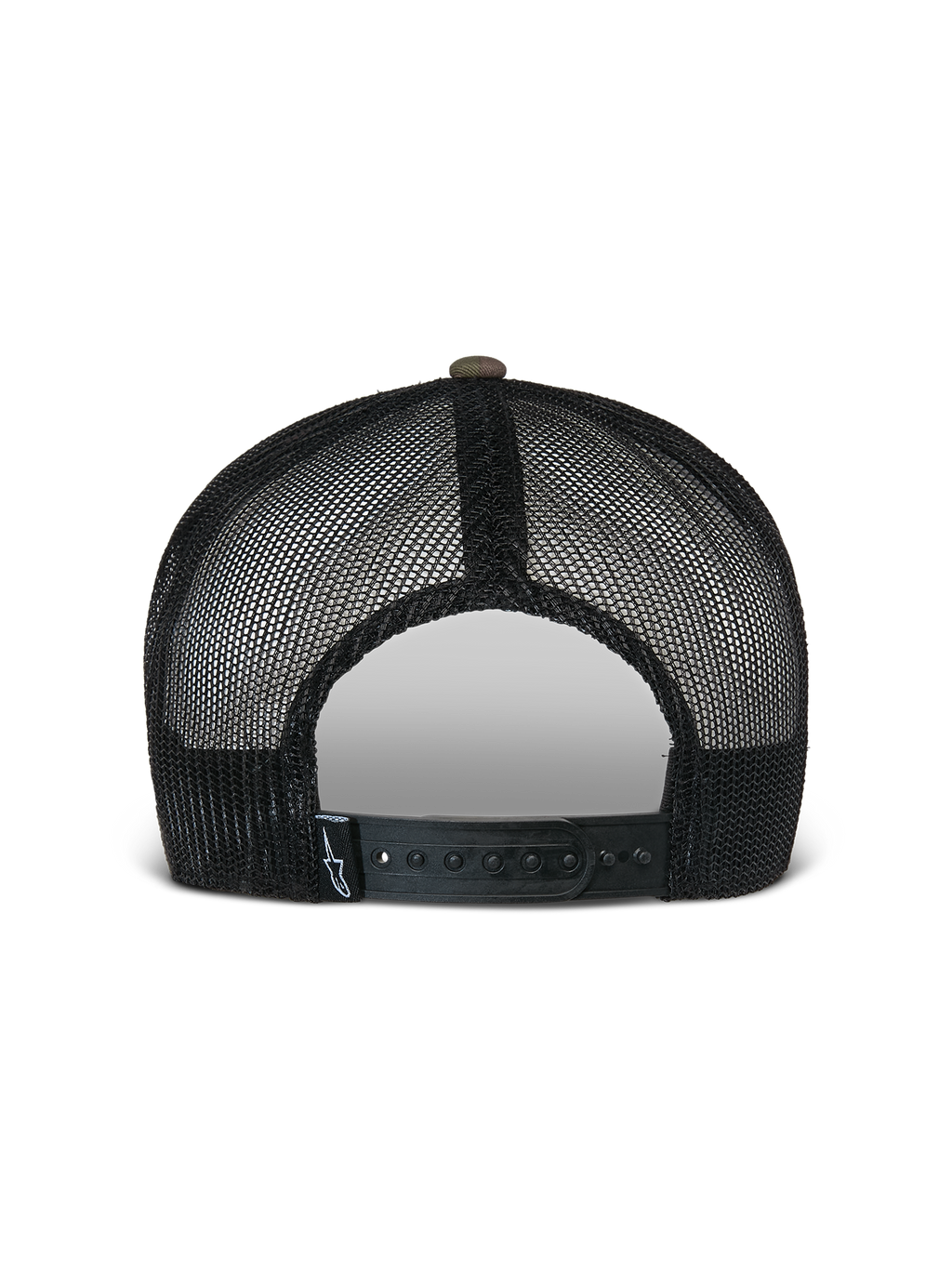 Boné Trucker Alpinestars Flag Flat, Camuflado Verde e Preto, vista traseira com painéis de malha preta respirável e um fecho snapback ajustável com uma pequena etiqueta com logótipo, acessório de cabeça casual inspirado no desporto motorizado.