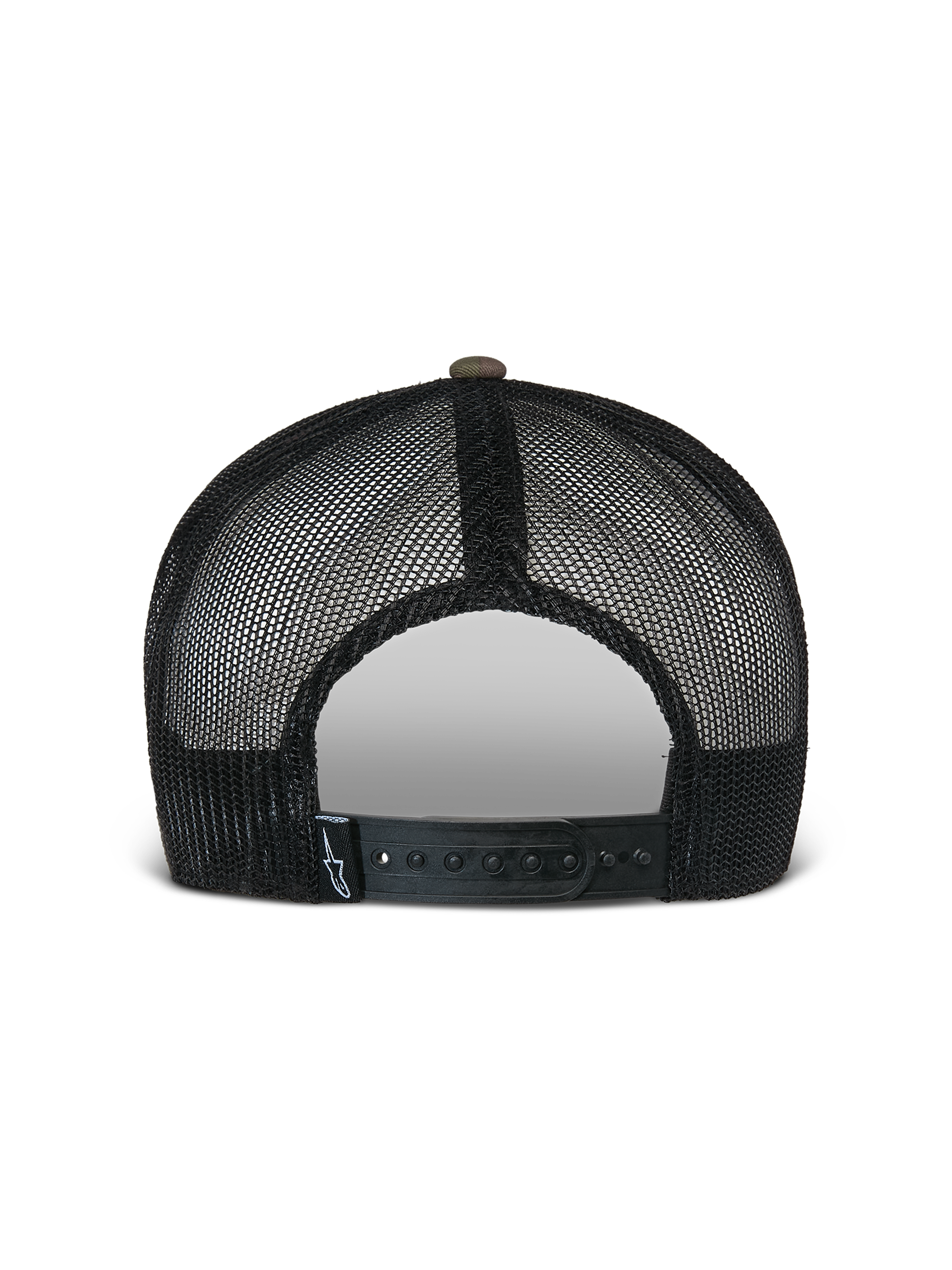 Boné Trucker Alpinestars Flag Flat, Camuflado Verde e Preto, vista traseira com painéis de malha preta respirável e um fecho snapback ajustável com uma pequena etiqueta com logótipo, acessório de cabeça casual inspirado no desporto motorizado.