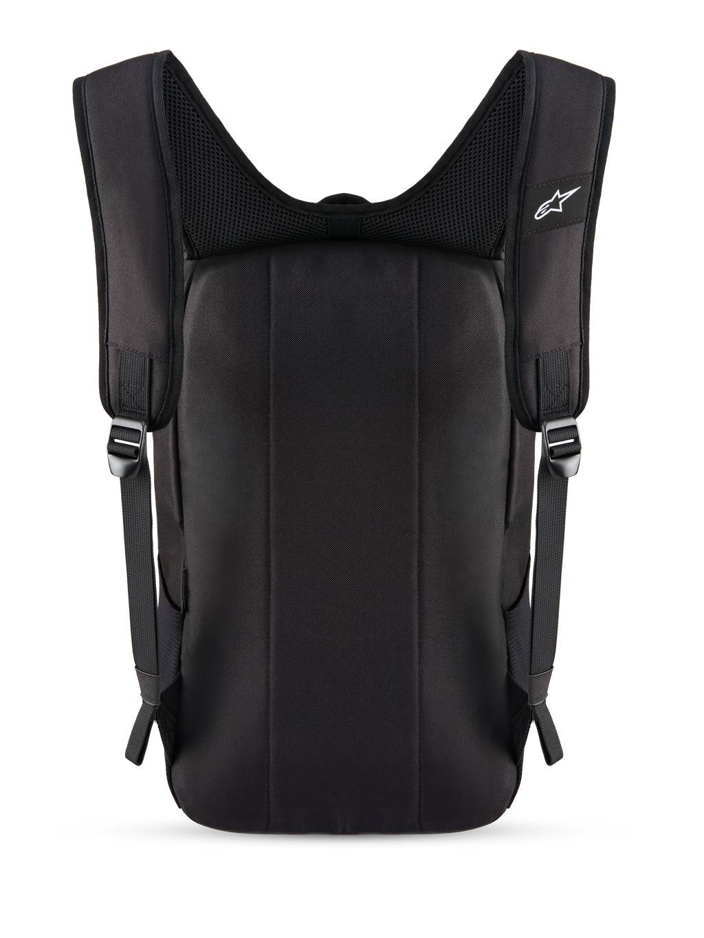 Mochila Alpinestars Defcon V3, preta, vista traseira mostrando o painel traseiro acolchoado e alças de ombro em malha de ar respirável, pequeno logótipo Alpinestars branco na alça, construção em poliéster 600D durável para uso diário