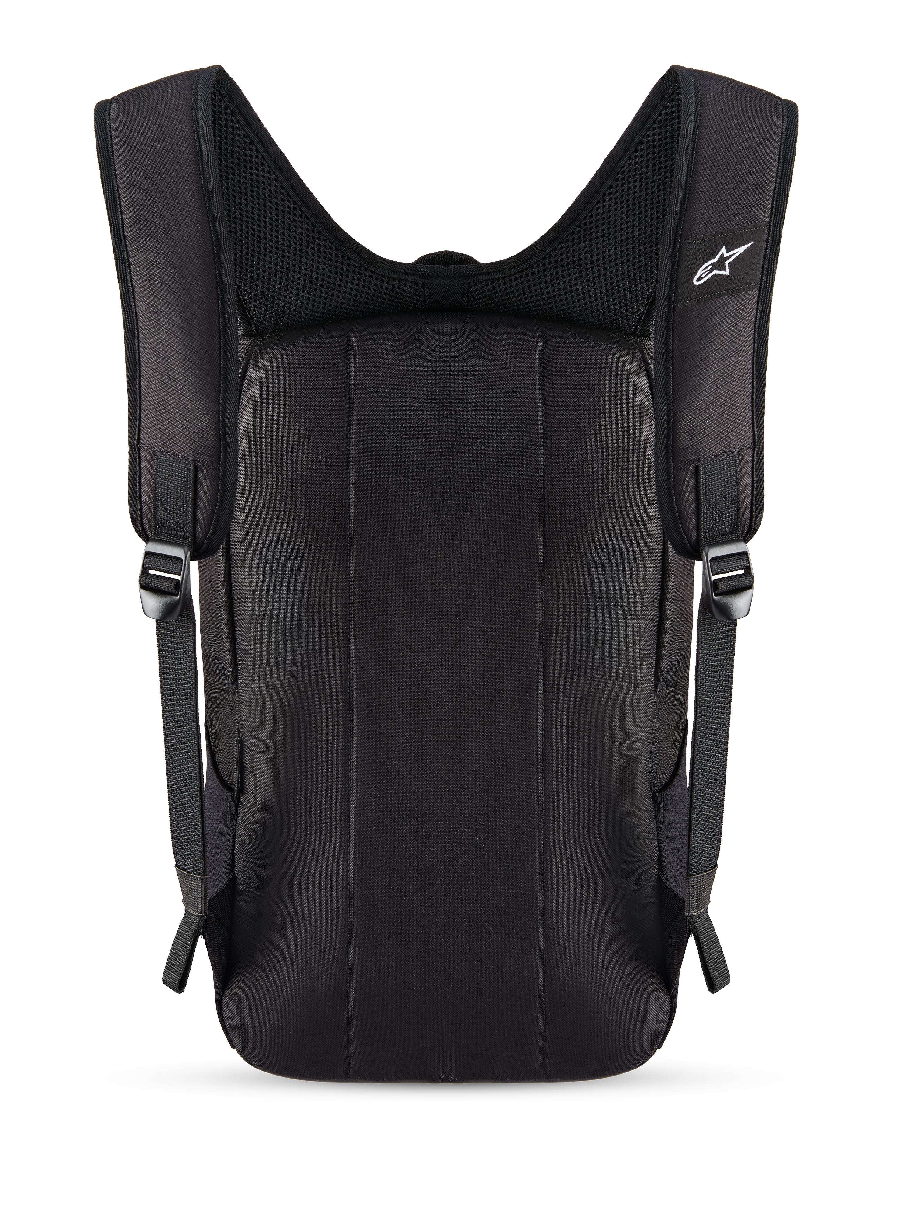 Mochila Alpinestars Defcon V3, preta, vista traseira mostrando o painel traseiro acolchoado e alças de ombro em malha de ar respirável, pequeno logótipo Alpinestars branco na alça, construção em poliéster 600D durável para uso diário