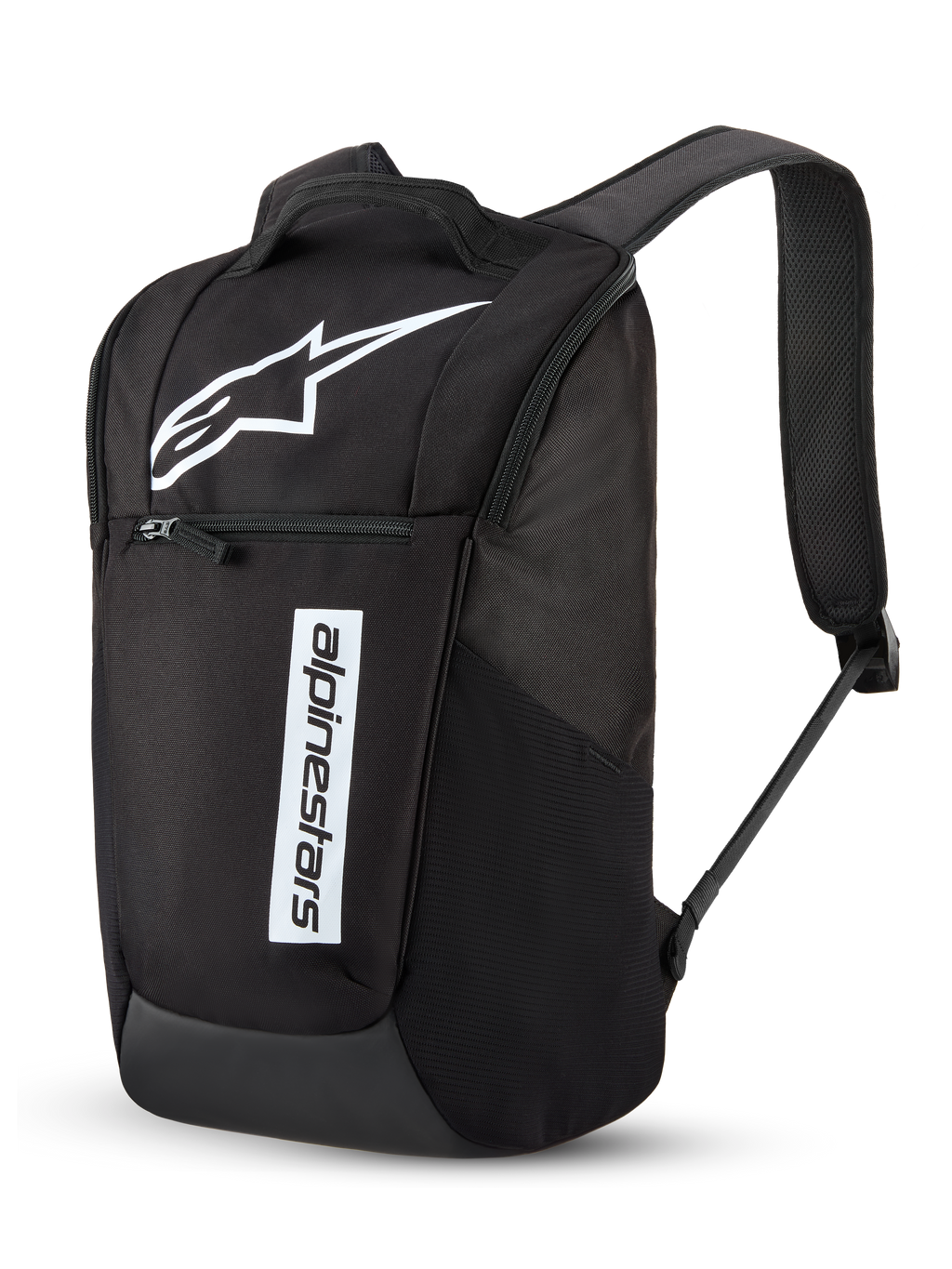 Mochila Alpinestars Defcon V3, mochila para o dia a dia, preta e branca, com um grande logótipo Astar branco e marca nominativa Alpinestars na vertical, bolso frontal com fecho de correr, alças de ombro acolchoadas em malha de ar, poliéster 600D durável, design casual inspirado no desporto motorizado