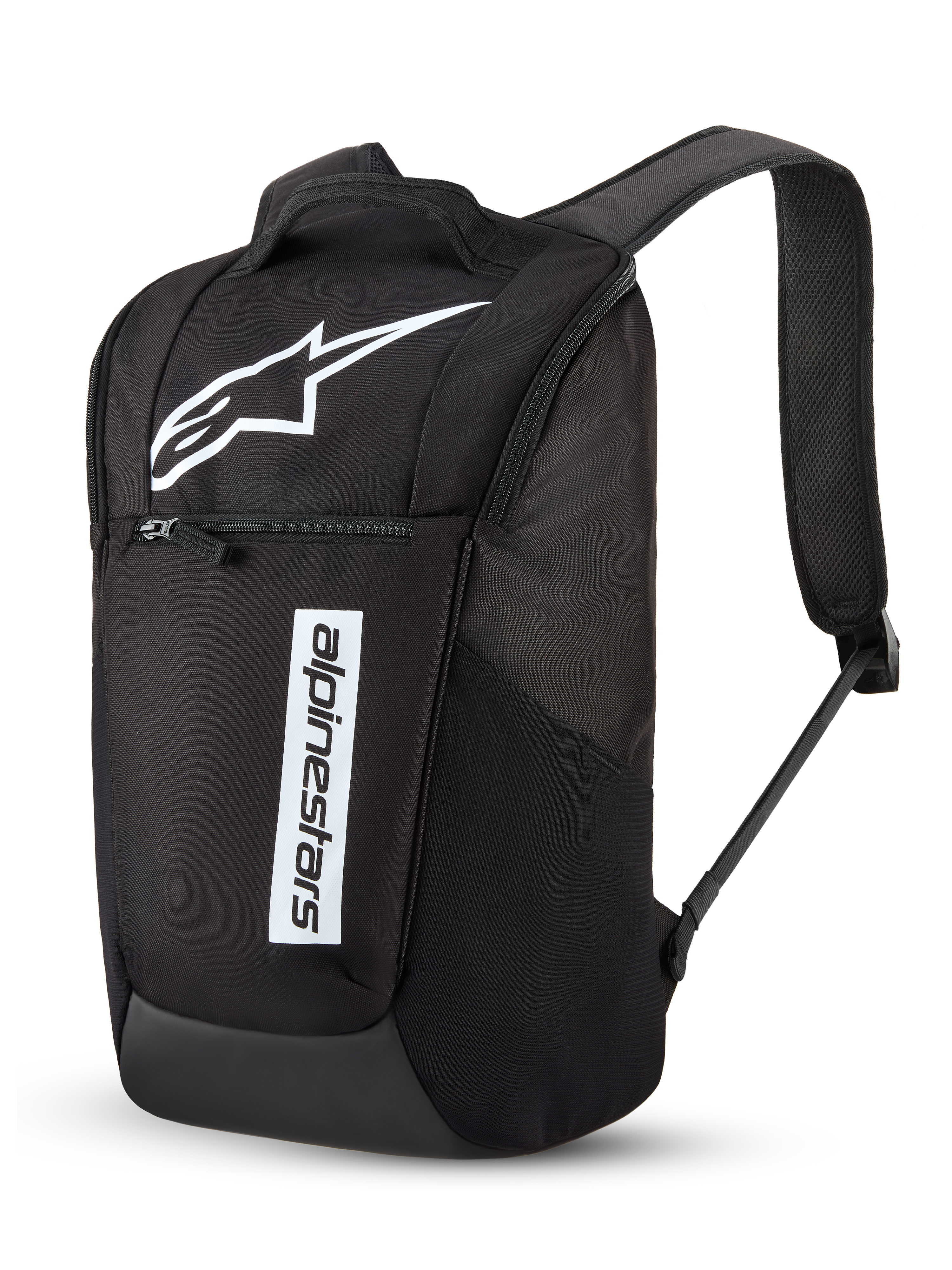 Mochila Alpinestars Defcon V3, mochila para o dia a dia, preta e branca, com um grande logótipo Astar branco e marca nominativa Alpinestars na vertical, bolso frontal com fecho de correr, alças de ombro acolchoadas em malha de ar, poliéster 600D durável, design casual inspirado no desporto motorizado