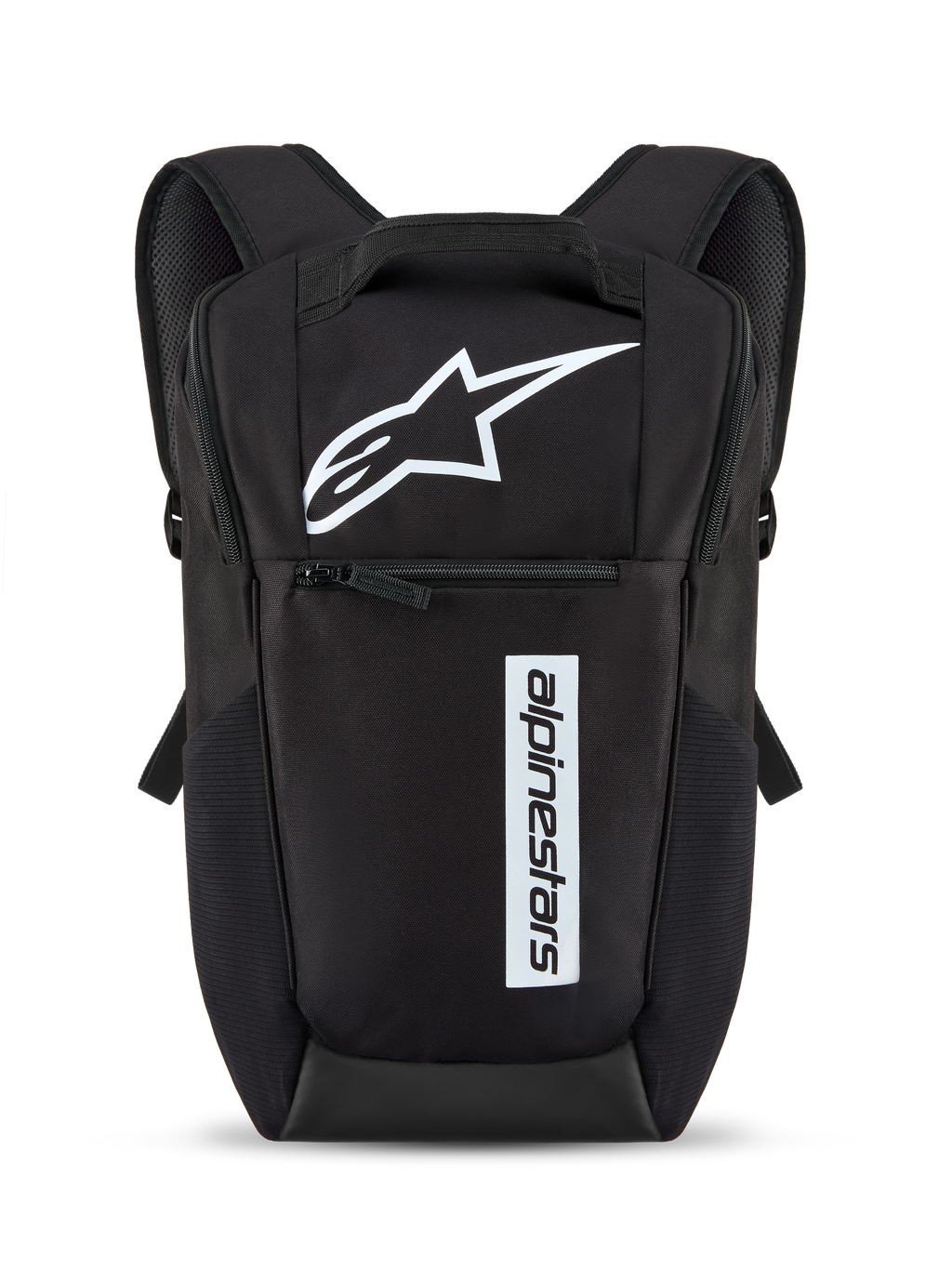 Alpinestars Defcon V3 Backpack, preta e branca, mochila pequena de uso diário com logótipo de estrela branco e marca nominativa vertical, bolso frontal com fecho de correr, alças de ombro acolchoadas, material de poliéster 600D durável