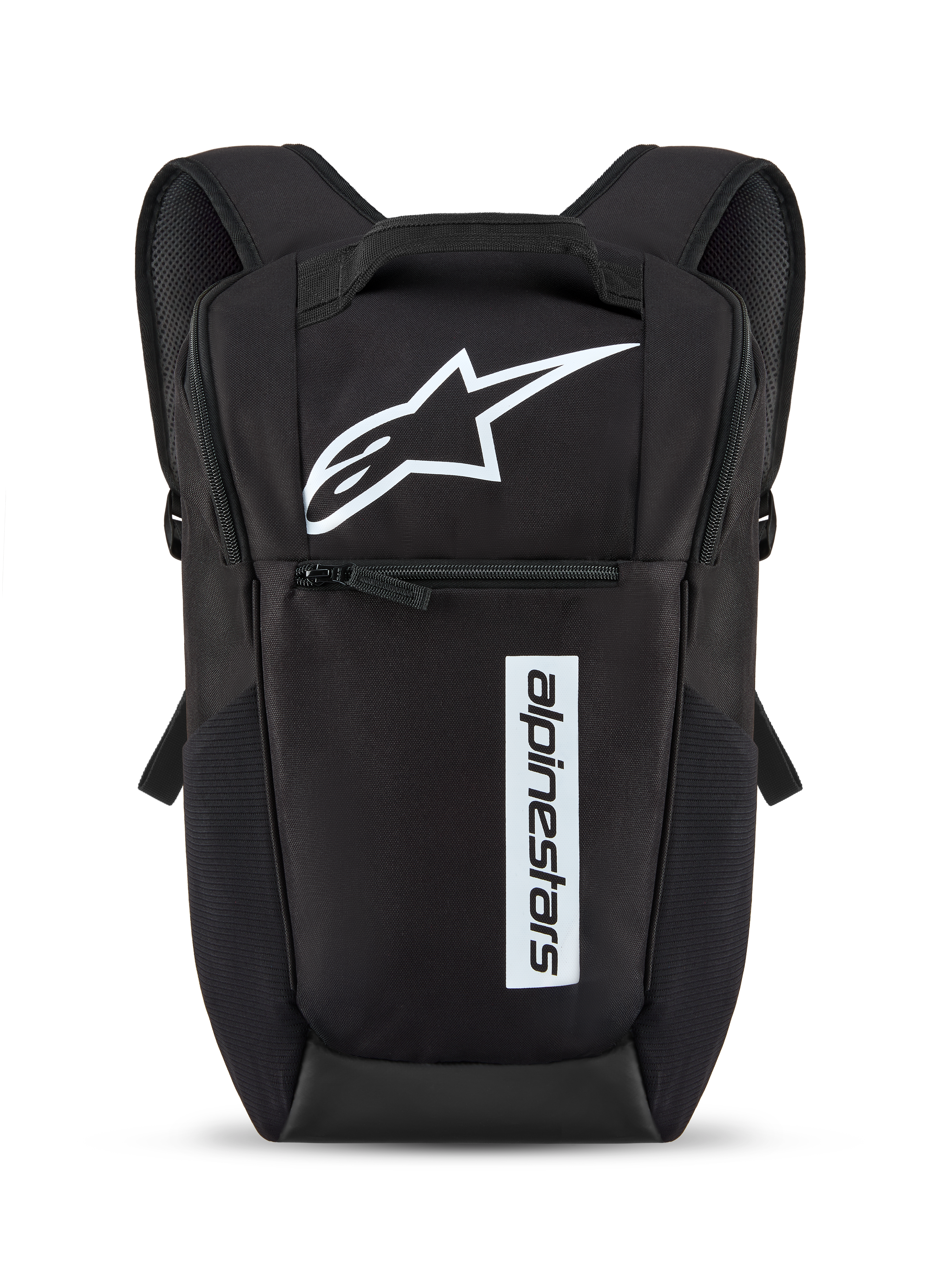 Alpinestars Defcon V3 Backpack, preta e branca, mochila pequena de uso diário com logótipo de estrela branco e marca nominativa vertical, bolso frontal com fecho de correr, alças de ombro acolchoadas, material de poliéster 600D durável