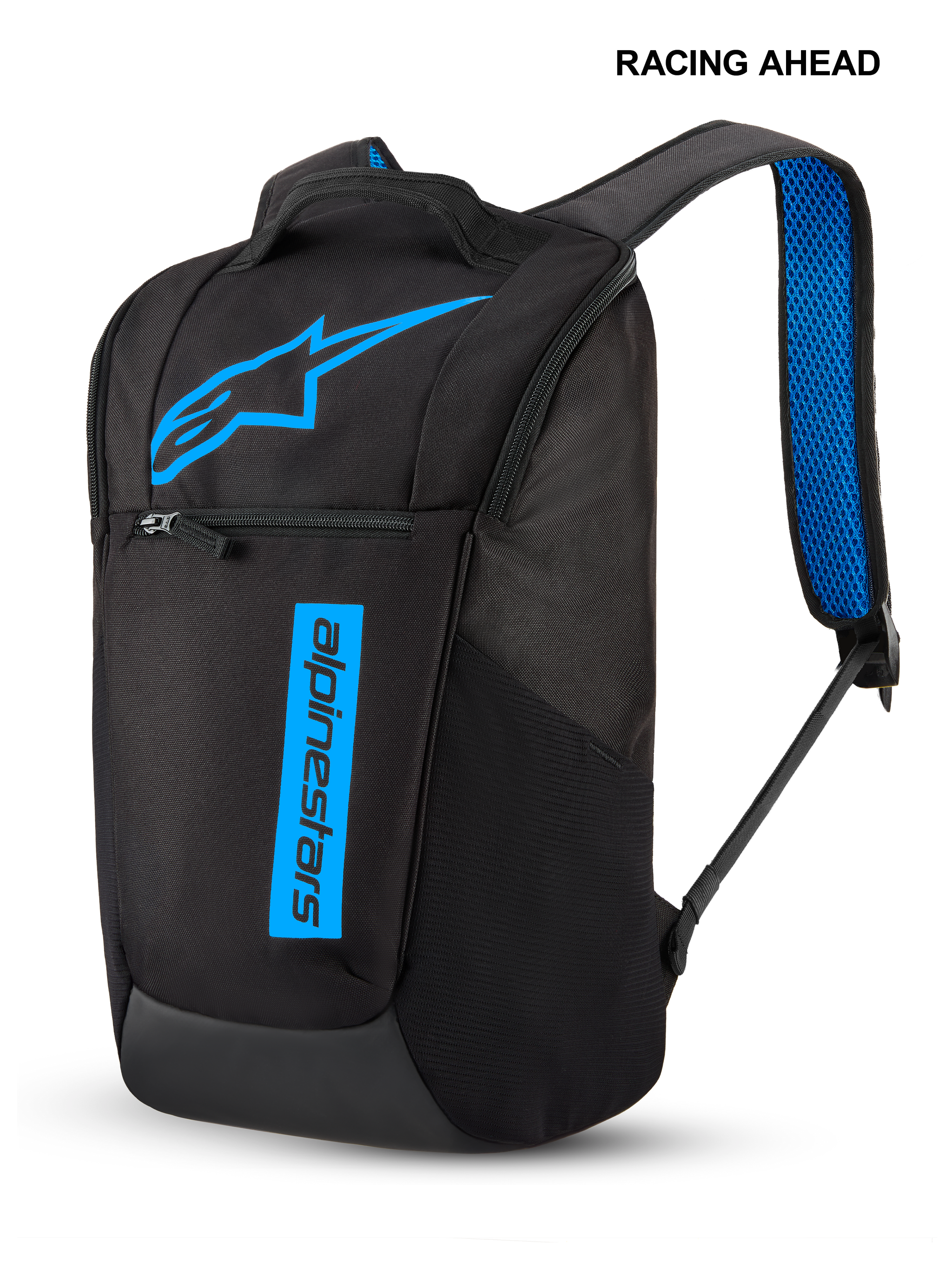 Mochila Alpinestars Defcon V3, mochila pequena de uso diário, preta e azul, com logótipo de estrela em azul vivo e branding com texto vertical, bolso frontal com fecho de correr, alças de ombro acolchoadas em malha de ar azul, design desportivo durável