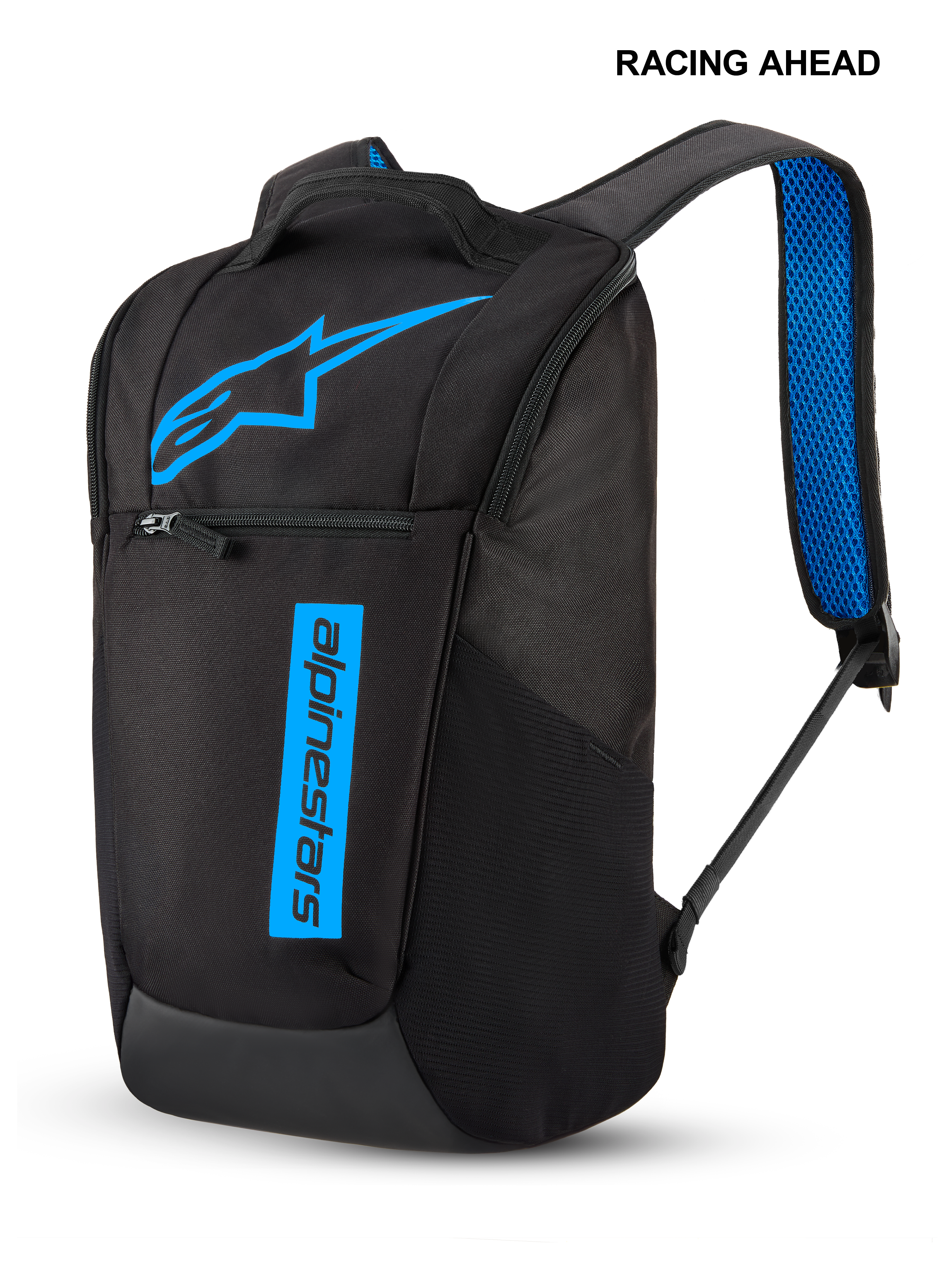 Mochila Alpinestars Defcon V3, mochila pequena de uso diário, preta e azul, com logótipo de estrela em azul vivo e branding com texto vertical, bolso frontal com fecho de correr, alças de ombro acolchoadas em malha de ar azul, design desportivo durável