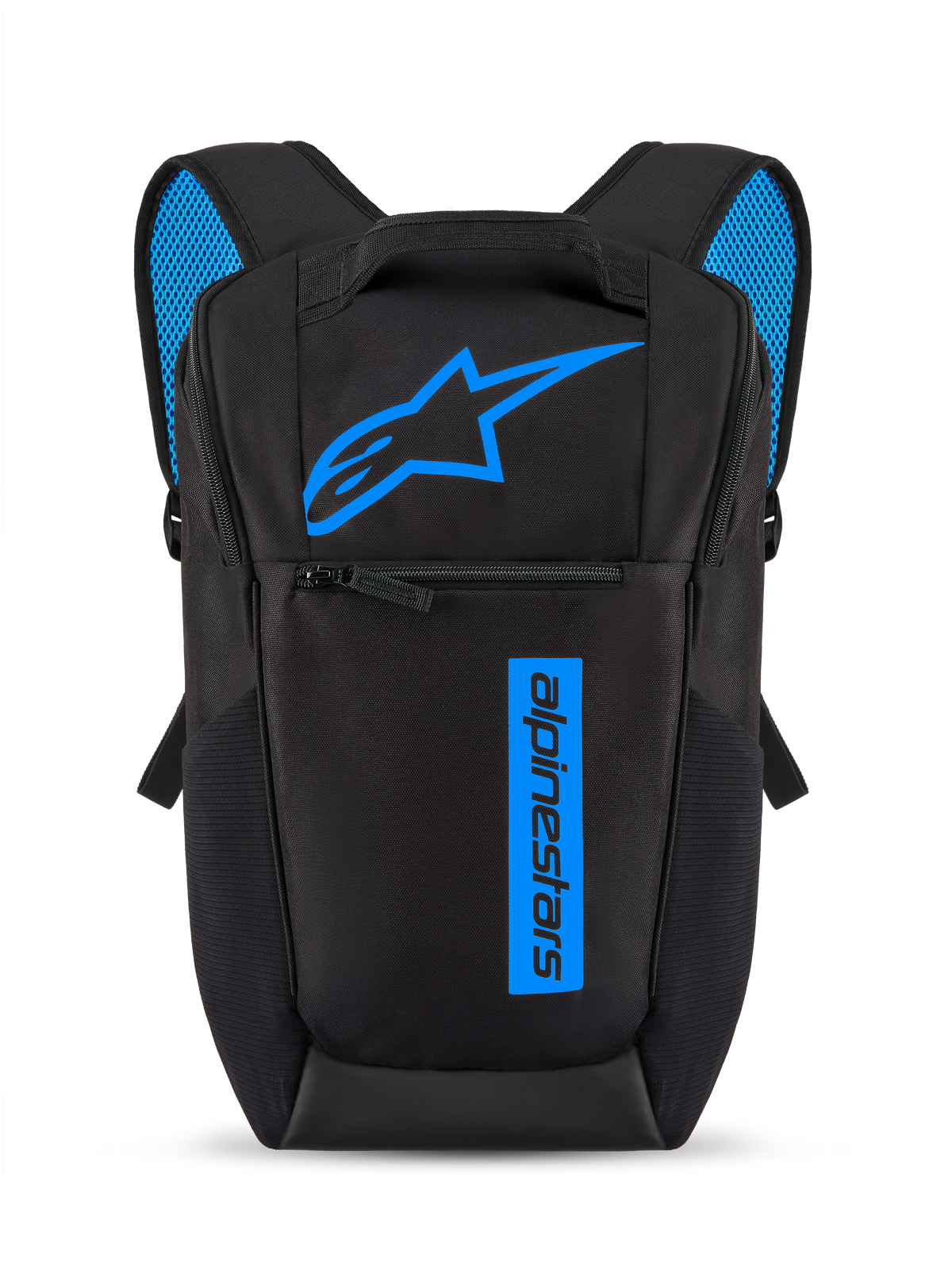 Mochila Alpinestars Defcon V3, preto e azul, mochila pequena de uso diário com logótipo Astars em azul brilhante e marca vertical, bolso frontal com fecho de correr, alças de ombro acolchoadas com malha de ar azul, material de poliéster 600D durável