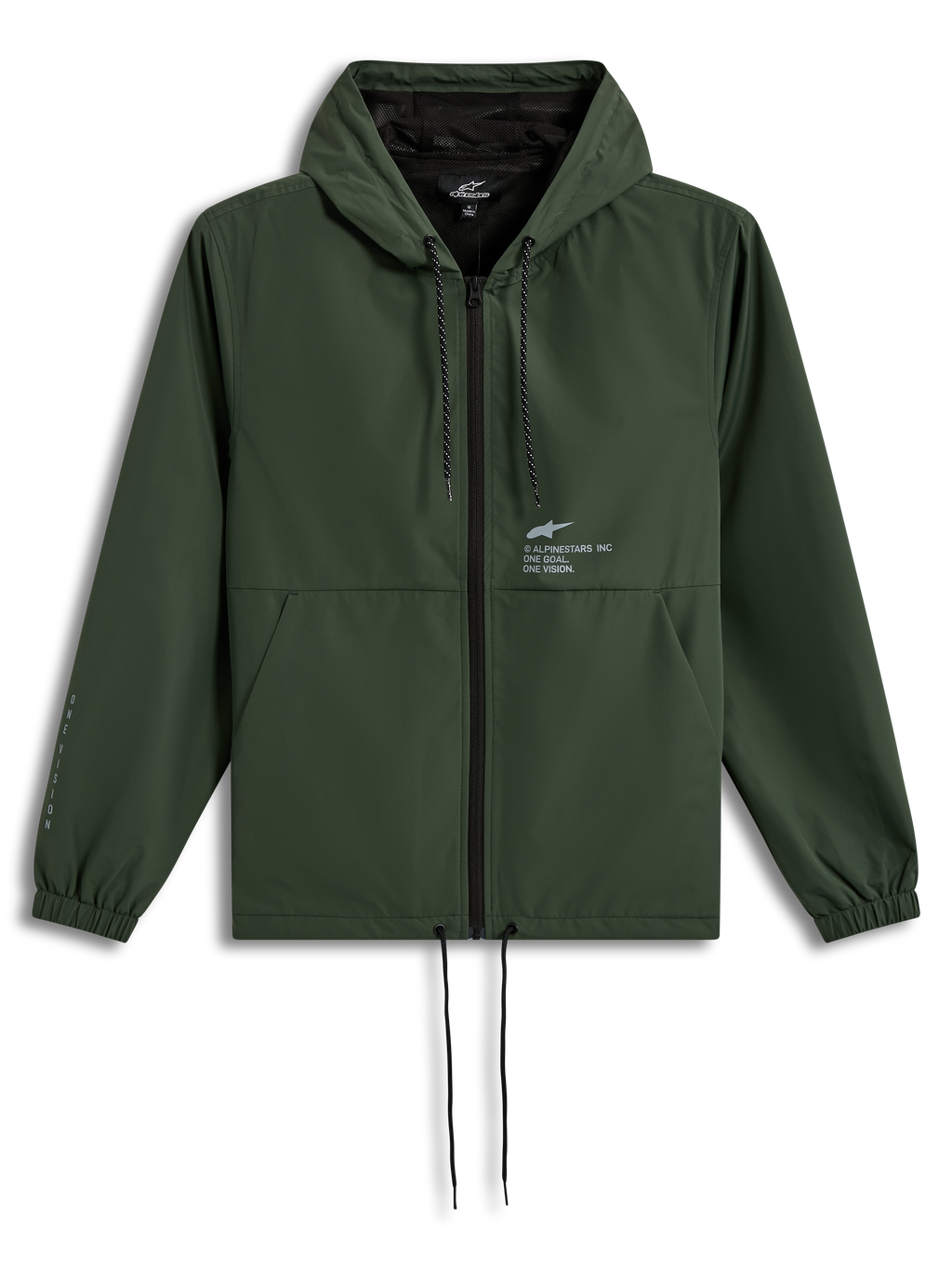Alpinestars Speeder Resolve Windbreaker Casaco, casaco corta-vento verde pinho com capuz e forro de malha, logótipo Astars no peito, punhos elásticos e cordões ajustáveis, roupa desportiva casual.