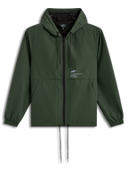 Alpinestars Speeder Resolve Windbreaker Casaco, casaco corta-vento verde pinho com capuz e forro de malha, logótipo Astars no peito, punhos elásticos e cordões ajustáveis, roupa desportiva casual.