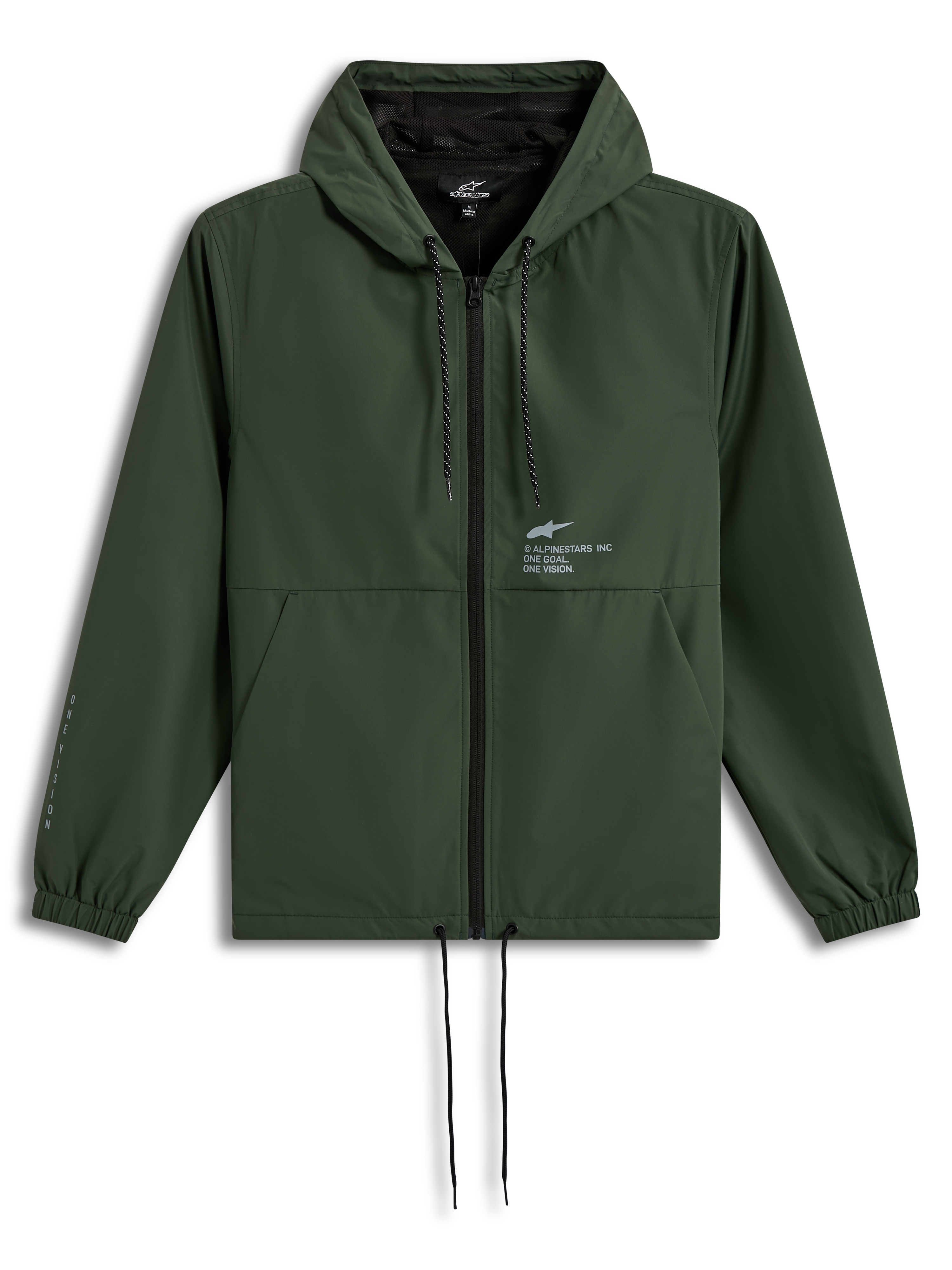 Alpinestars Speeder Resolve Windbreaker Casaco, casaco corta-vento verde pinho com capuz e forro de malha, logótipo Astars no peito, punhos elásticos e cordões ajustáveis, roupa desportiva casual.