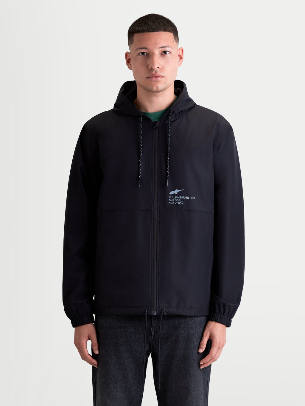 Alpinestars Casaco Corta-Vento Speeder Resolve, casaco de sportswear para homem, preto, construção leve com capuz ajustável, fecho de correr frontal e logótipo Astars no peito com a inscrição 'One Goal. One Vision.'