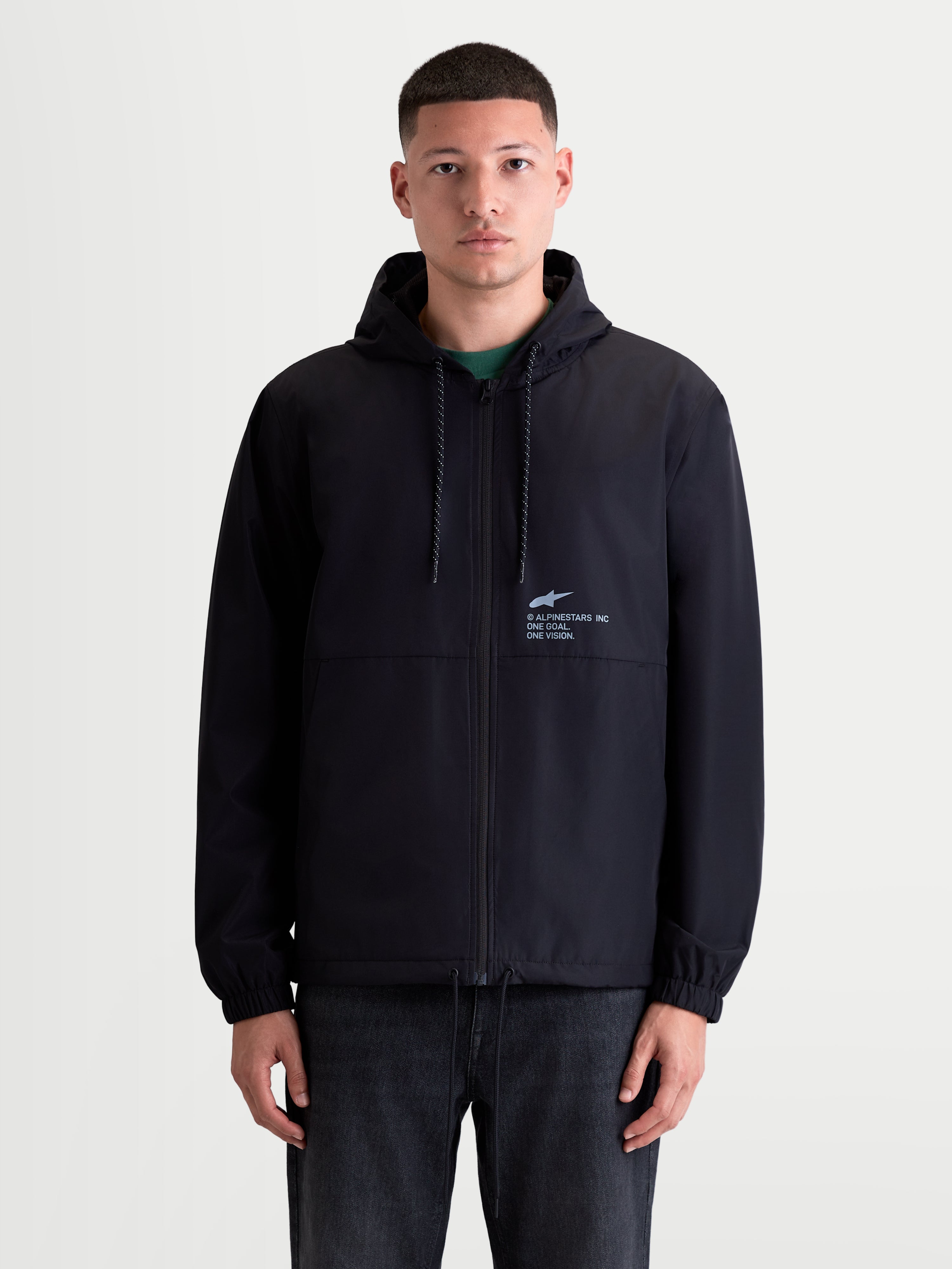 Alpinestars Casaco Corta-Vento Speeder Resolve, casaco de sportswear para homem, preto, construção leve com capuz ajustável, fecho de correr frontal e logótipo Astars no peito com a inscrição 'One Goal. One Vision.'