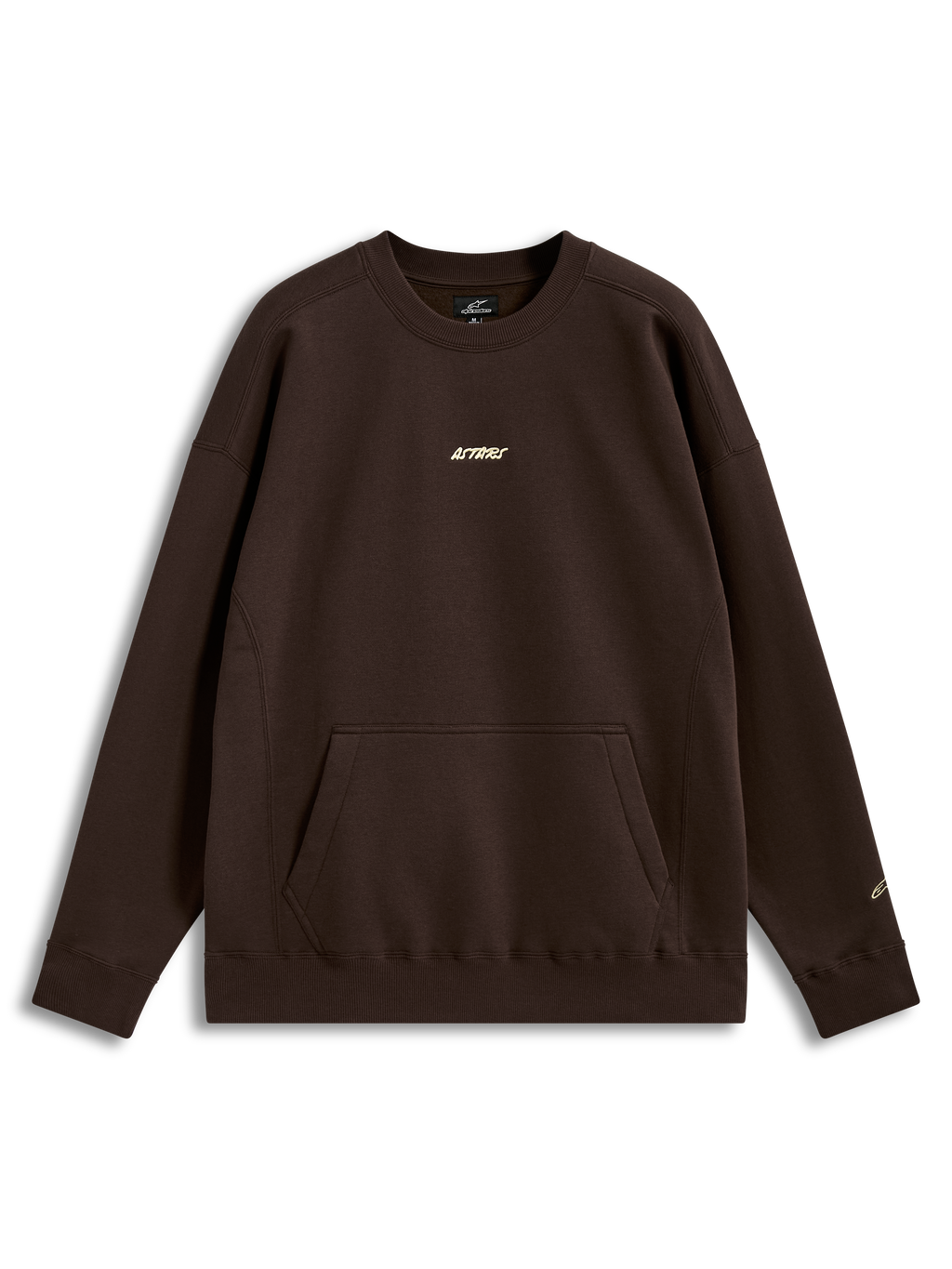 Alpinestars Guise Oversized Crew, camisola de fleece castanha com corte largo, bolso canguru e logótipo Astars bordado.