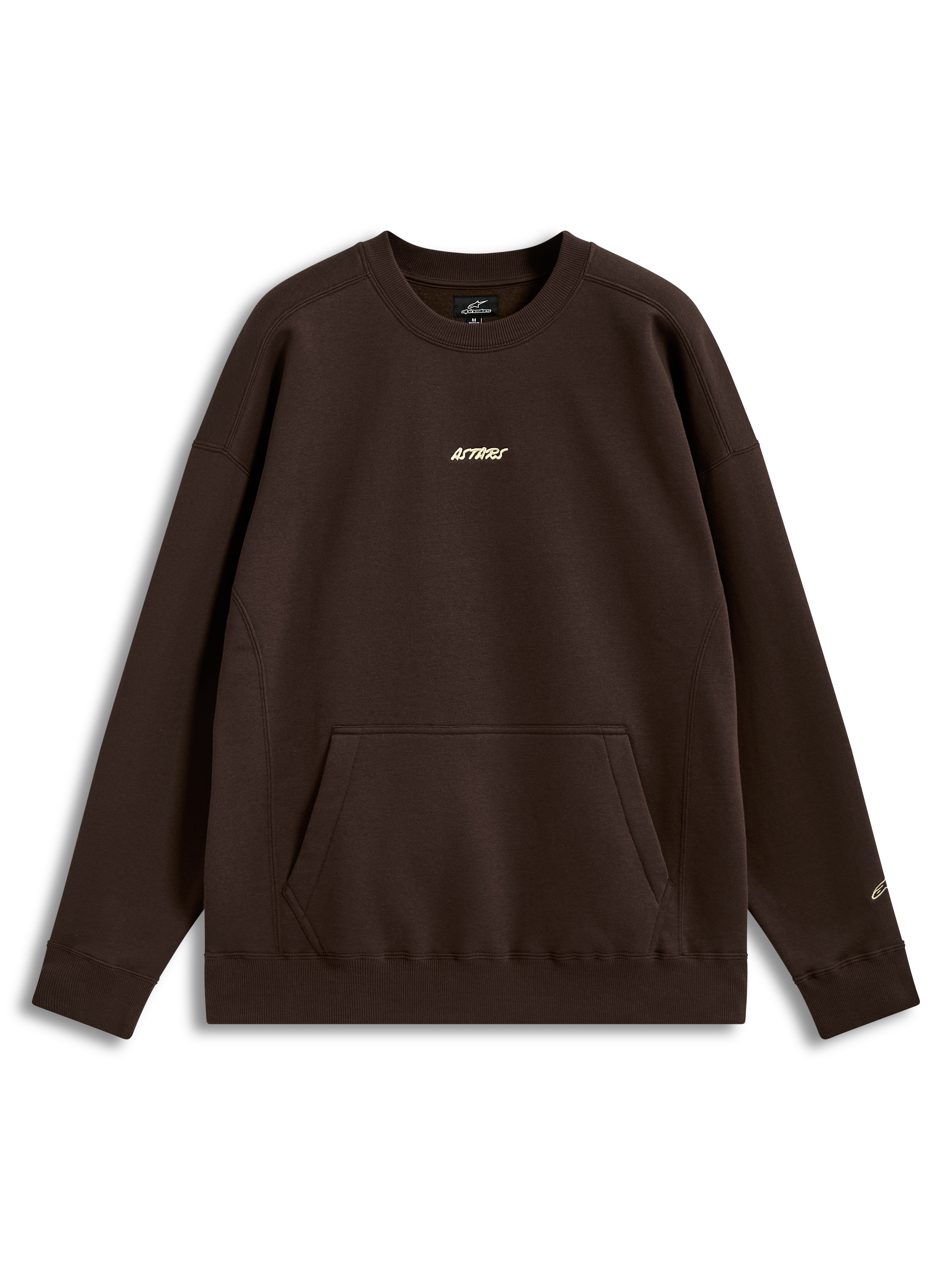 Alpinestars Guise Oversized Crew, camisola de fleece castanha com corte largo, bolso canguru e logótipo Astars bordado.