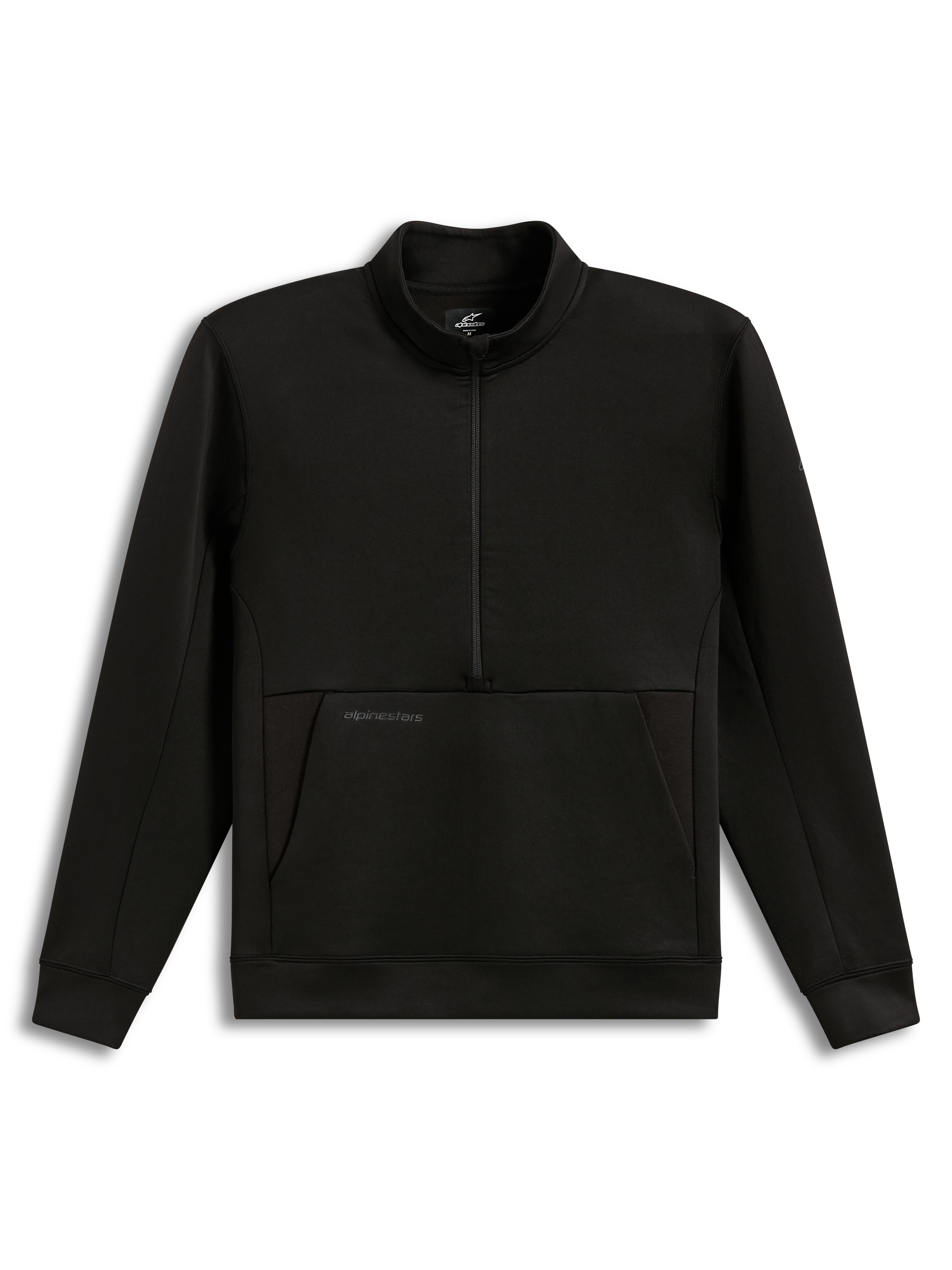 Alpinestars Apera Half-Zip Sweatshirt, black performance sportswear fleece with tonal branding and kangaroo pocket.