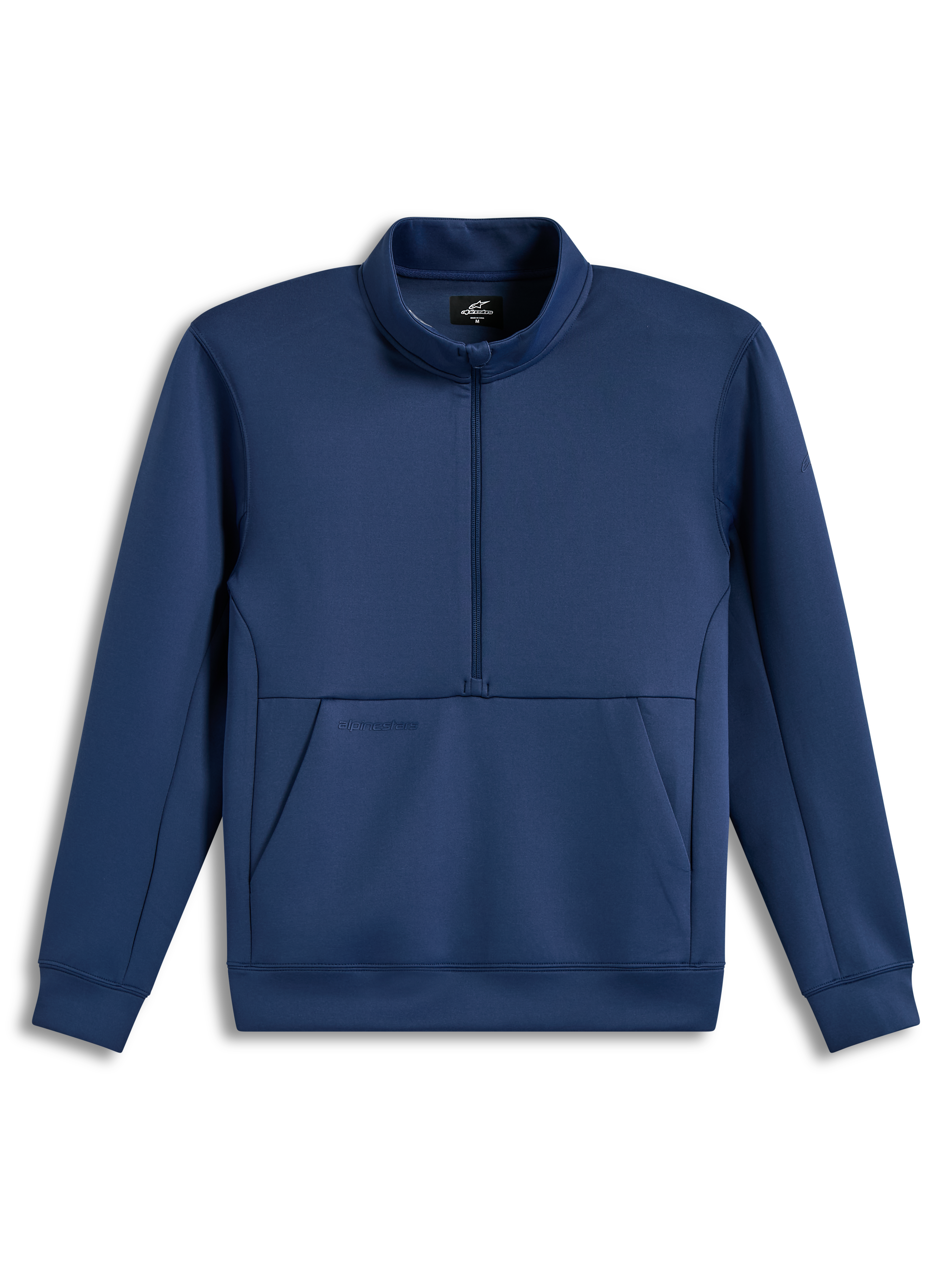 Alpinestars Apera Half-Zip Sweatshirt em fleece azul aço, com meio fecho de correr, bolso canguru e logótipos tonais.