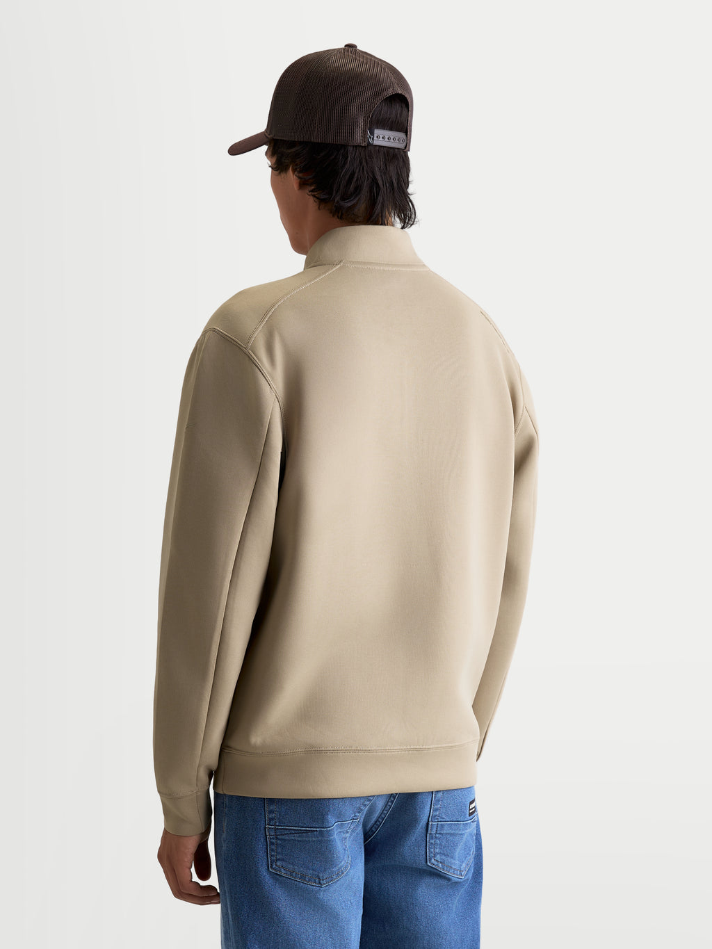 Alpinestars Apera Half-Zip Sweatshirt, Men's Casual Sportswear Fleece Pullover in Putty Beige, tri-blend double-face fleece construction, rear view on model showing refined sleeve seaming and mock neck collar.