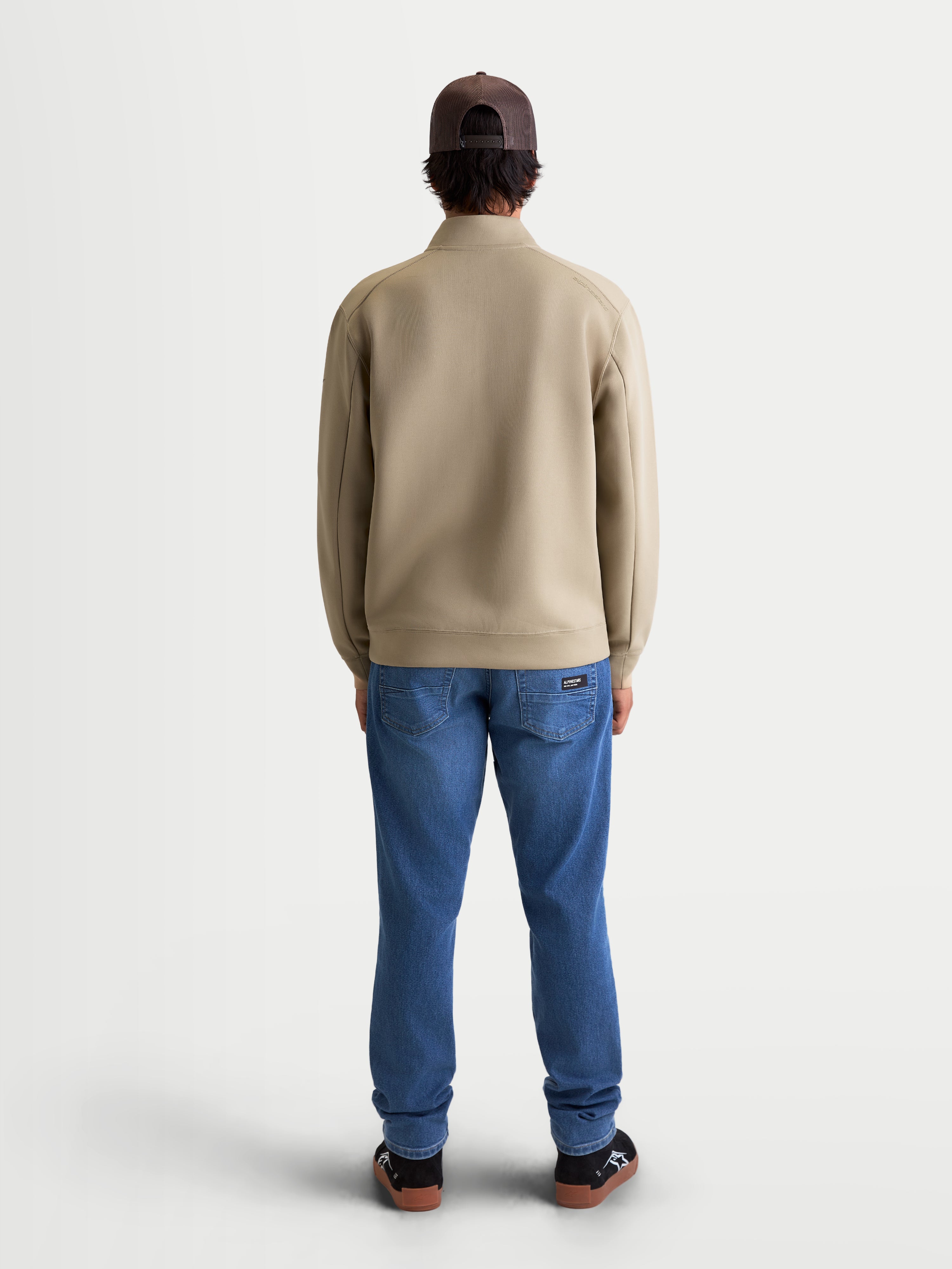 Alpinestars Apera Half-Zip Sweatshirt, Casual Sportswear Pullover, Putty Beige, Unisex, Rear view on model, Tri-blend double-face fleece construction with refined sleeve seaming and a clean motorsport-inspired finish.