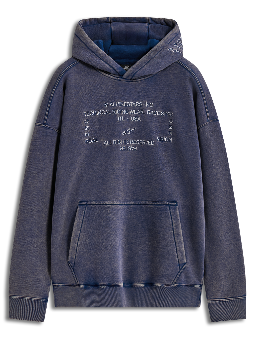 Alpinestars Infinite Washed Oversized Hoodie, azul com lavagem snow, logos bordados e bolso canguru, estilo casual
