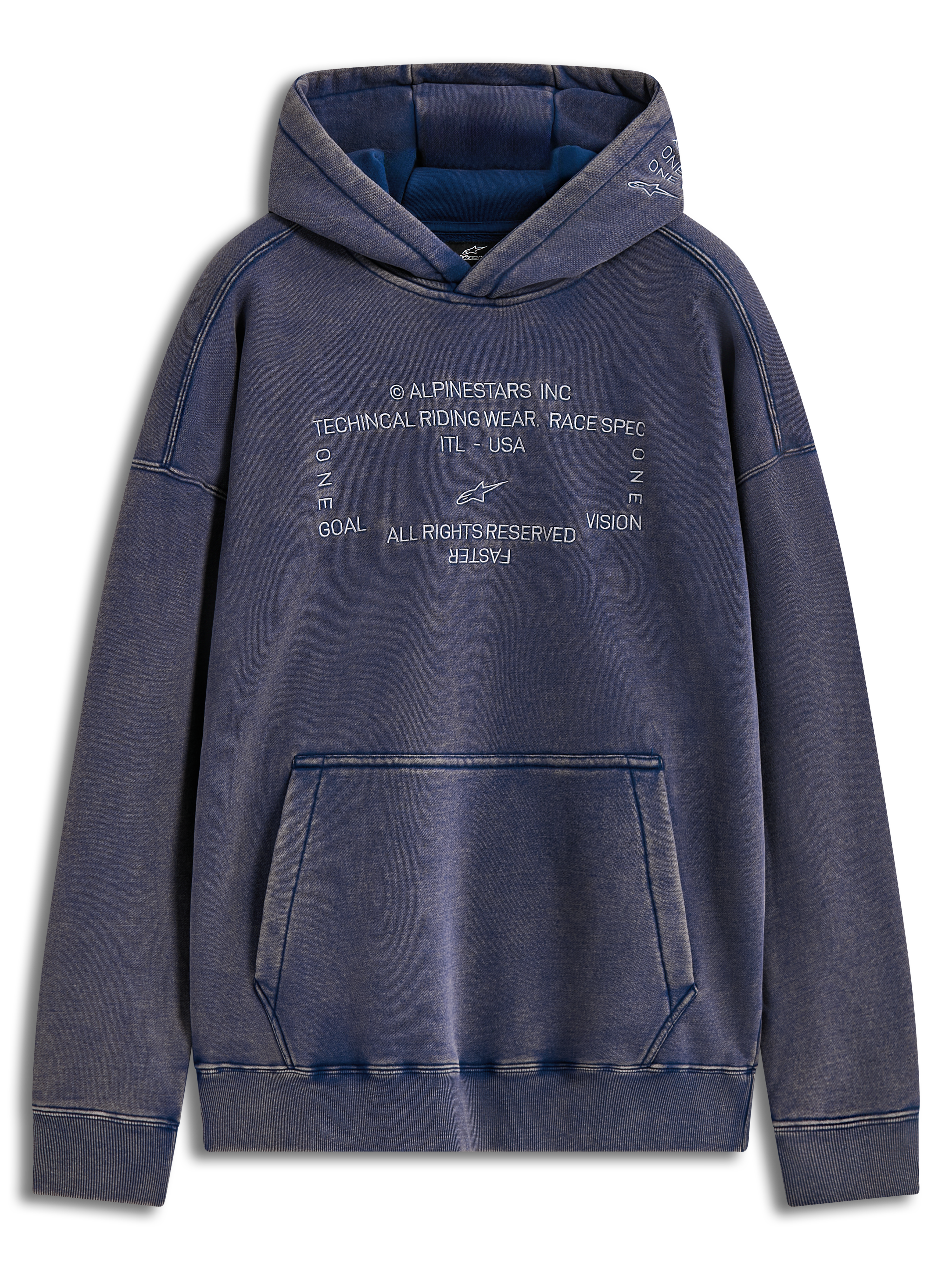 Alpinestars Infinite Washed Oversized Hoodie, azul com lavagem snow, logos bordados e bolso canguru, estilo casual
