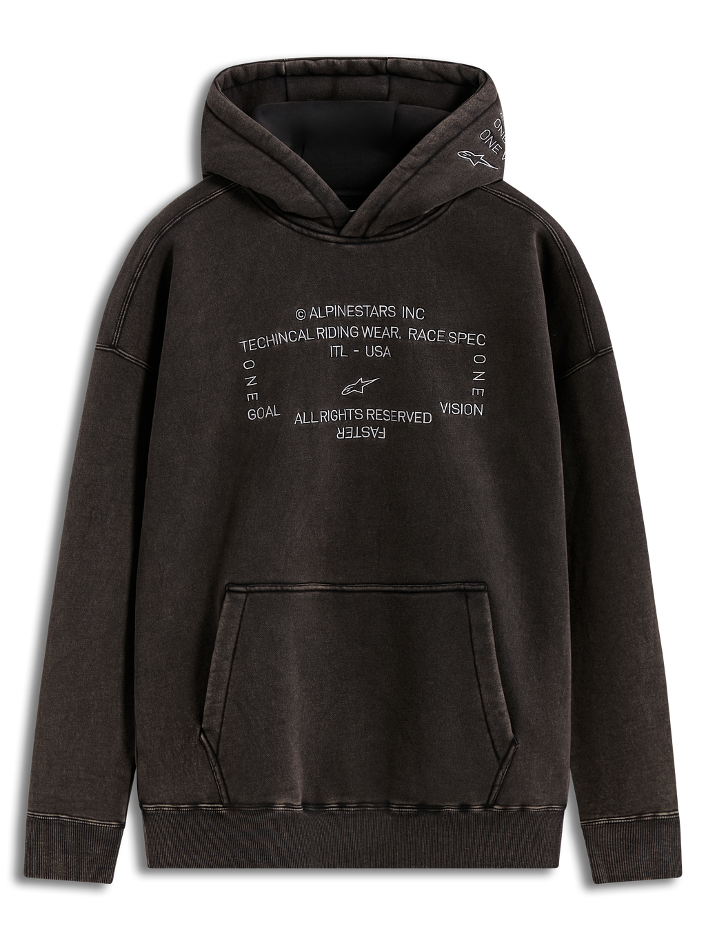 Alpinestars Infinite Washed Oversized Hoodie, casaco com capuz em preto lavado, efeito snow-wash, logótipos bordados brancos no peito e bolso canguru.