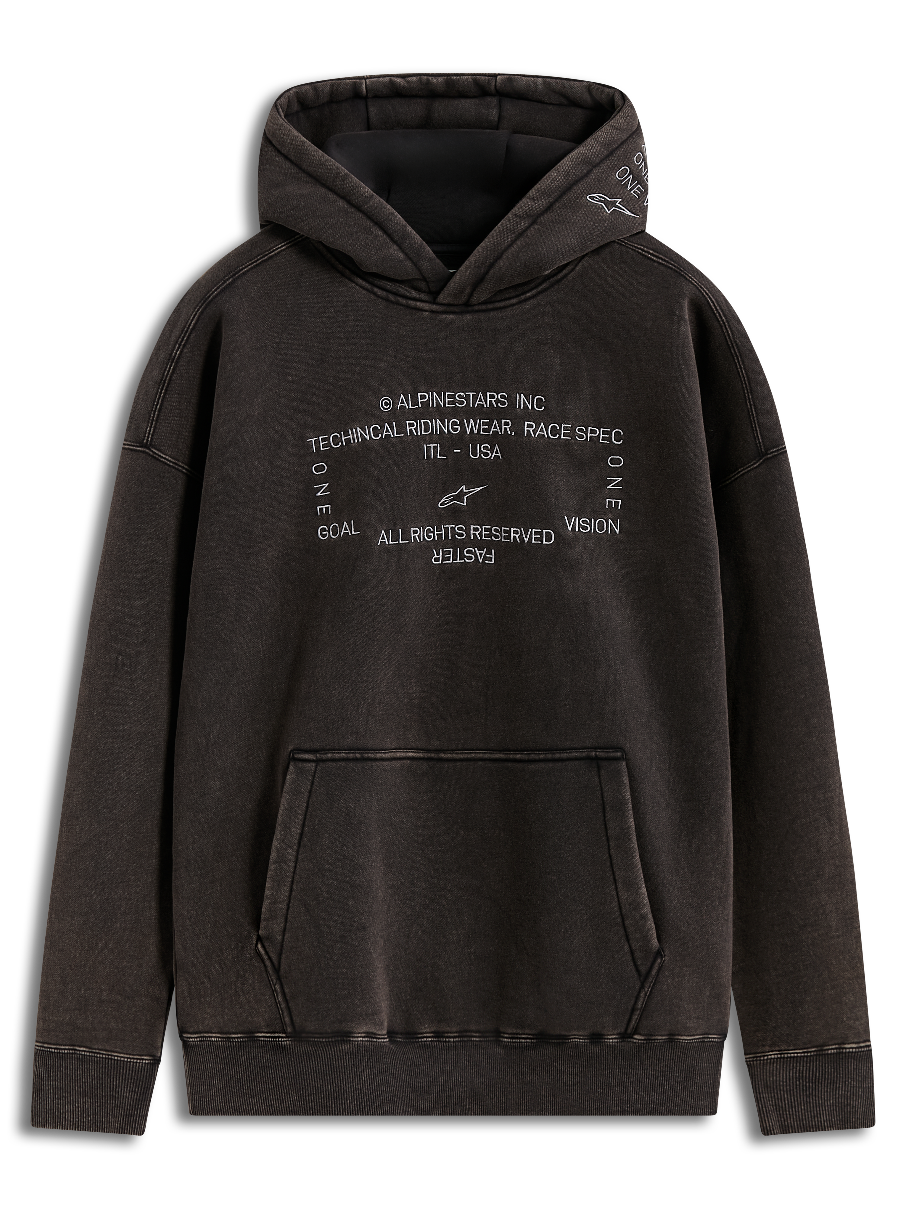 Alpinestars Infinite Washed Oversized Hoodie, casaco com capuz em preto lavado, efeito snow-wash, logótipos bordados brancos no peito e bolso canguru.