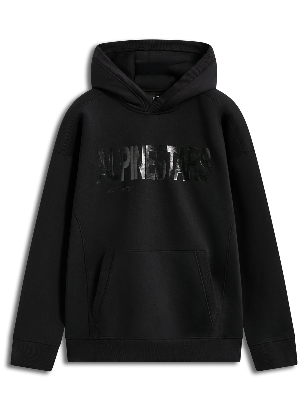 Alpinestars Shaw Oversized Hoodie, hoodie de lã preto com logótipo texturizado e bolso canguru, estilo casual.