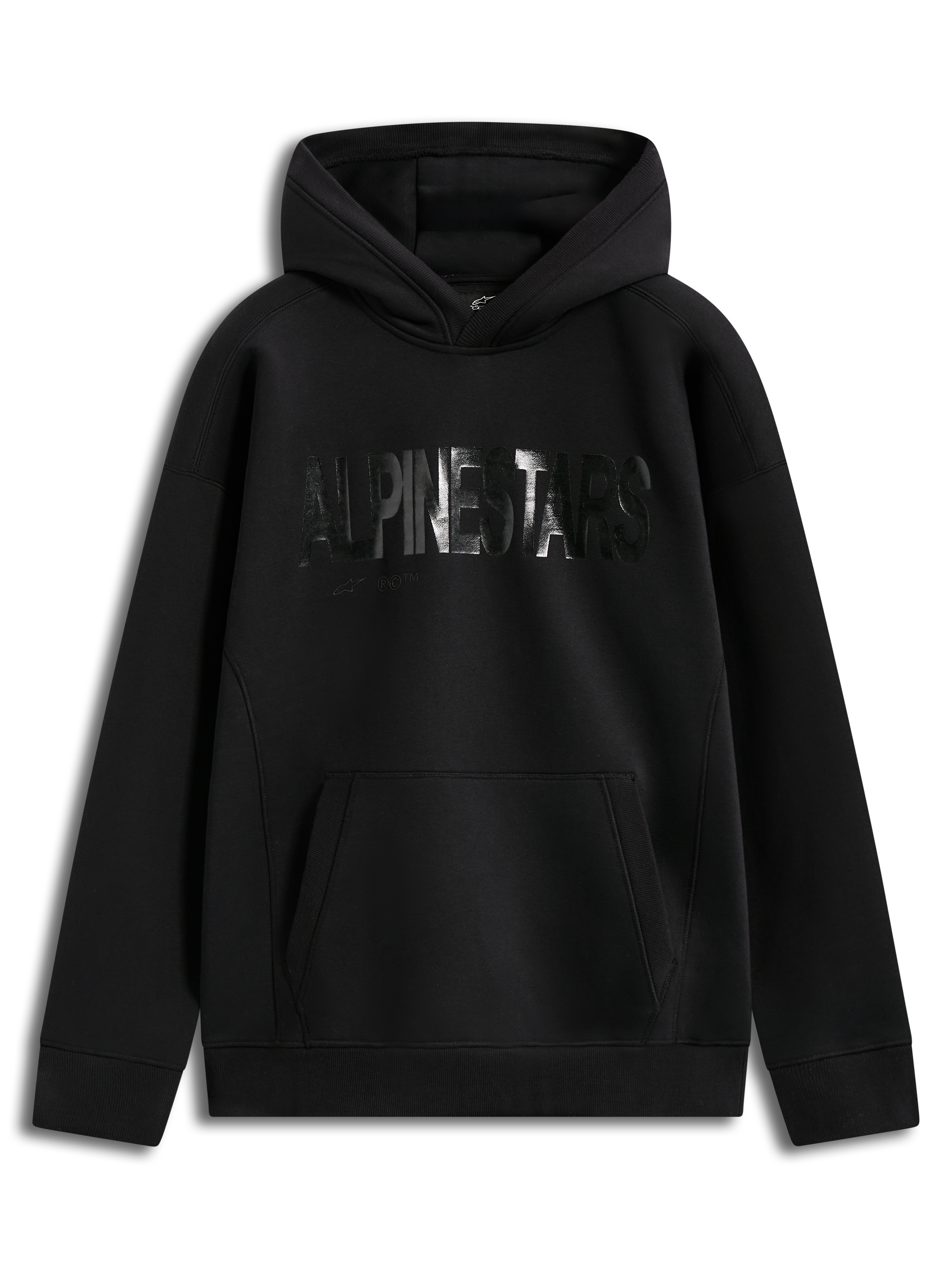Alpinestars Shaw Oversized Hoodie, hoodie de lã preto com logótipo texturizado e bolso canguru, estilo casual.
